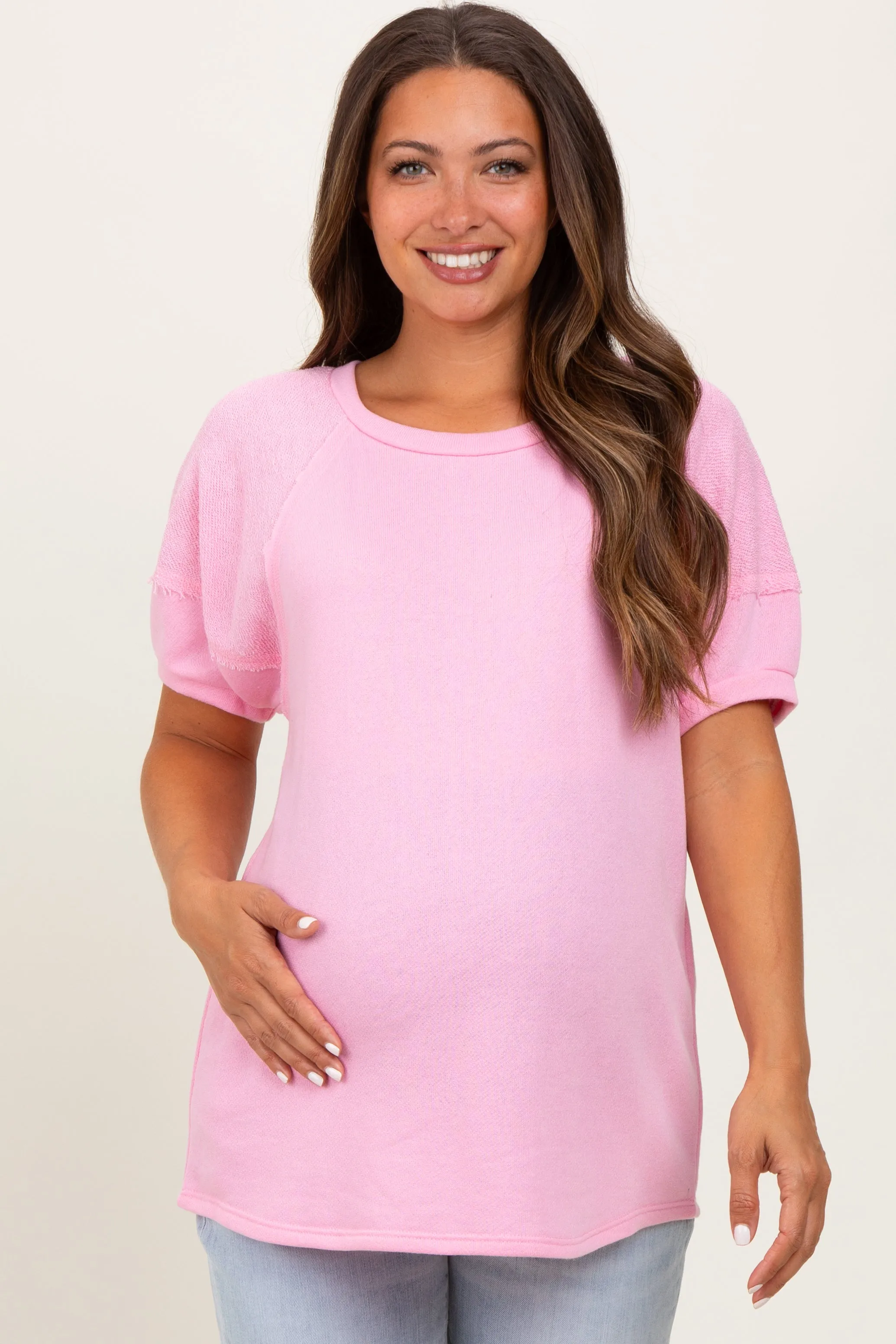Pink Terry Contrast Maternity Short Sleeve Top sold by Pinkblush