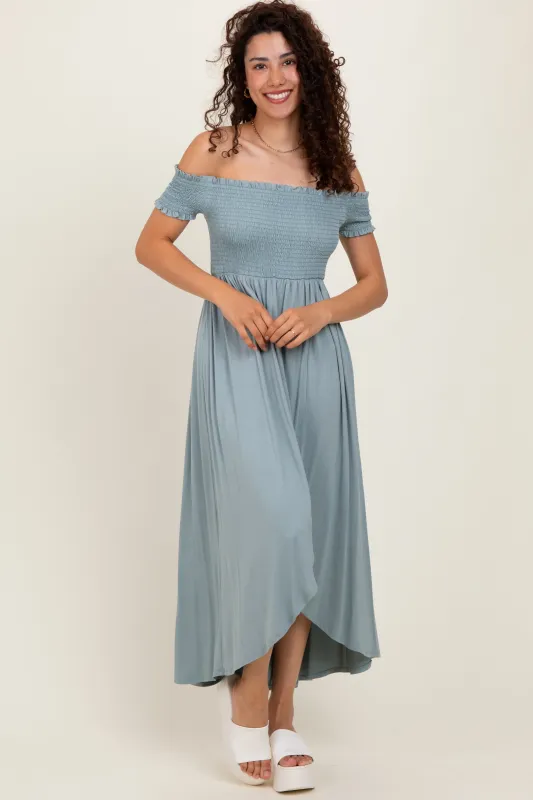 Light Olive Smocked Off The Shoulder Midi Dress sold by Pinkblush