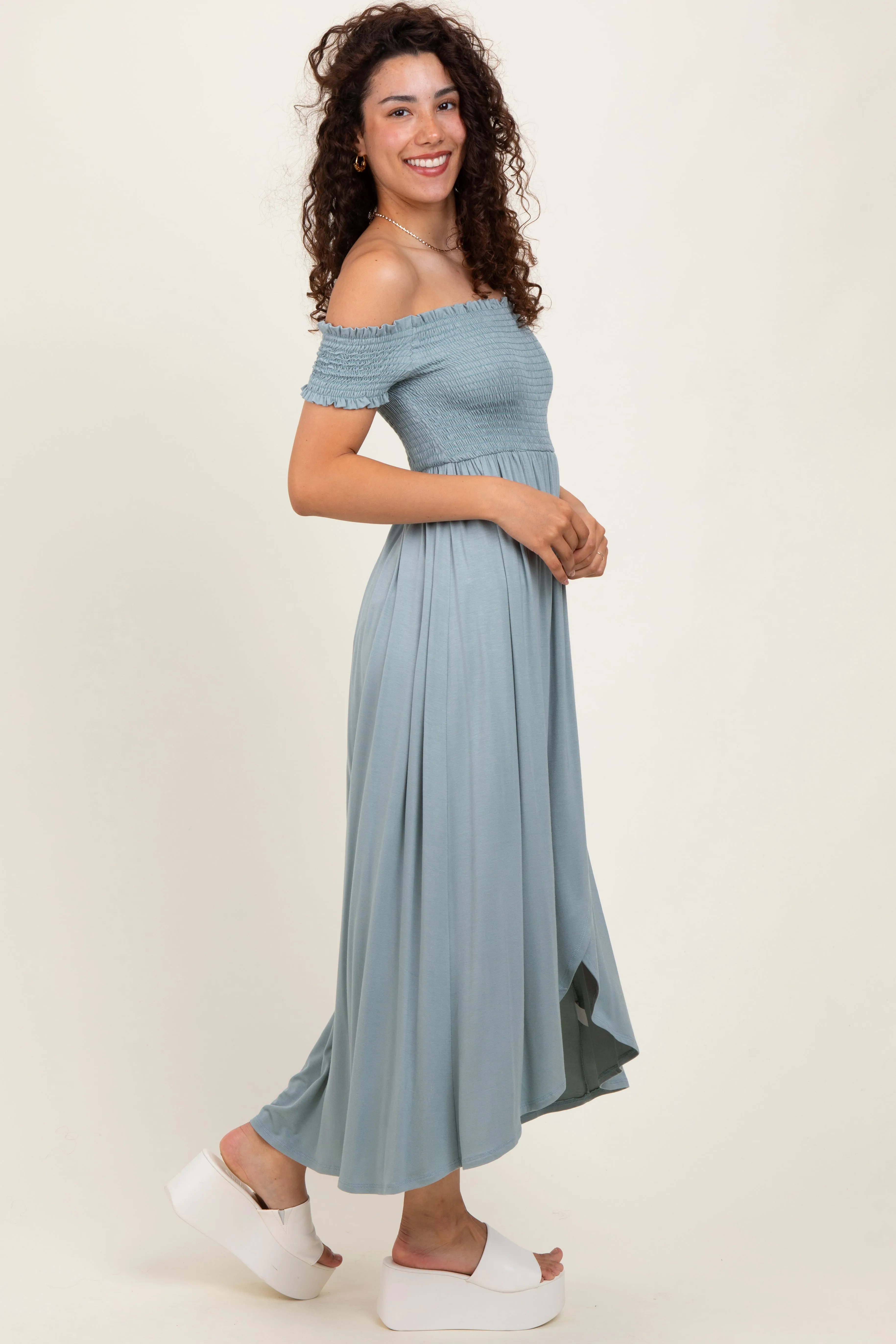 Light Olive Smocked Off The Shoulder Midi Dress sold by Pinkblush product image thumbnail 2