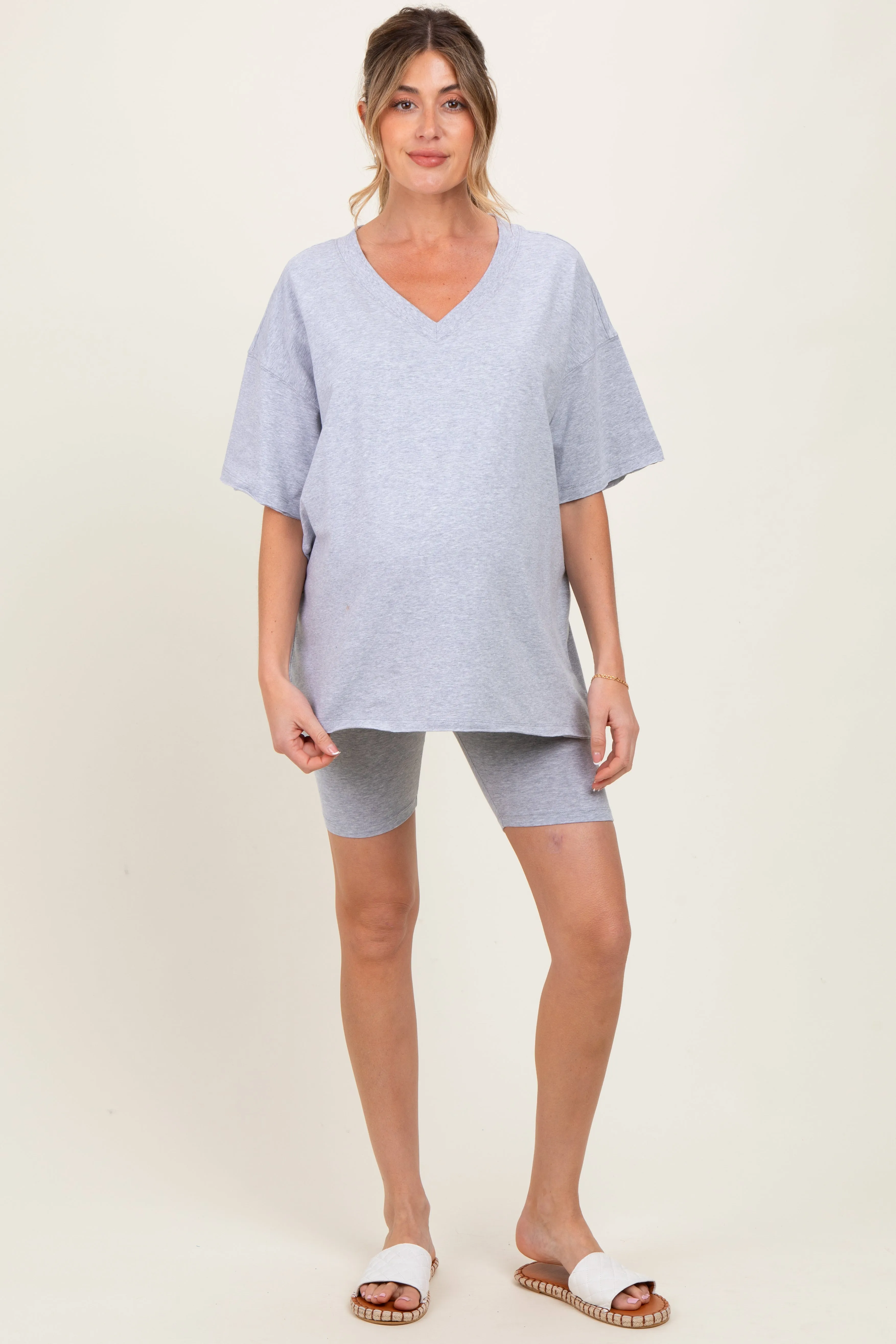 Heather Grey Oversized V-Neck Biker Short Maternity Set sold by Pinkblush