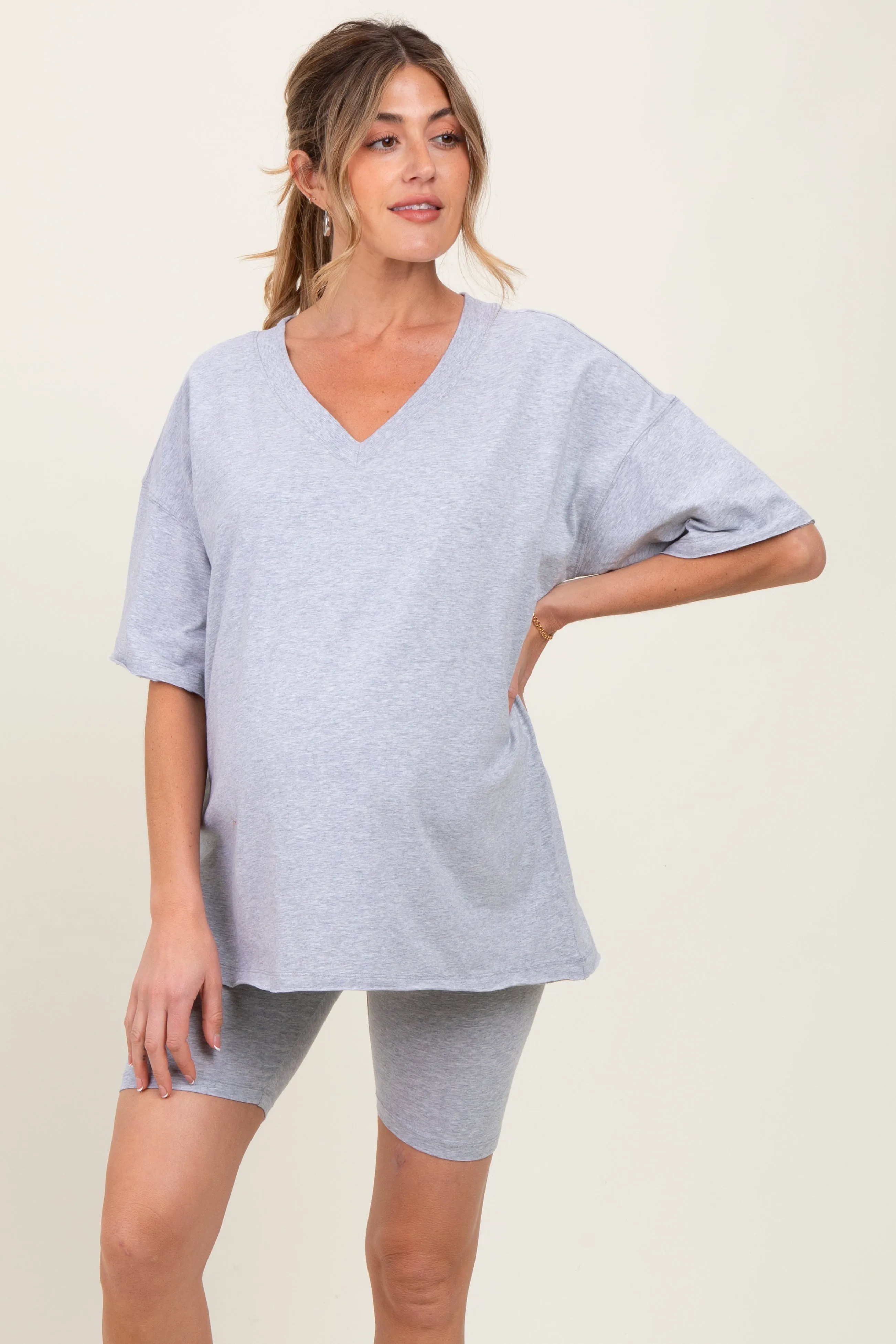 Heather Grey Oversized V-Neck Biker Short Maternity Set sold by Pinkblush product image thumbnail 2