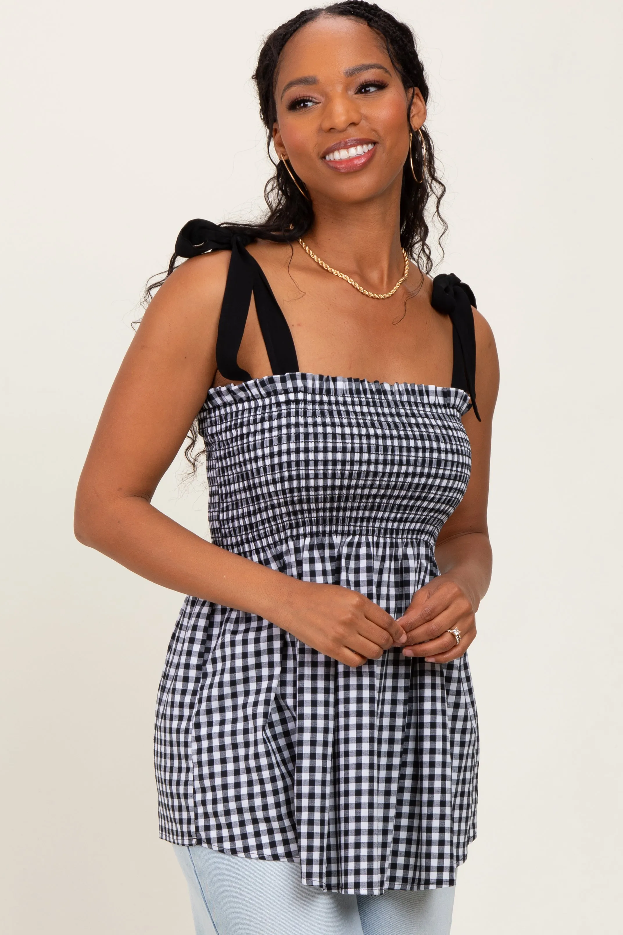 Black Gingham Smocked Shoulder Tie Maternity Top sold by Pinkblush product image thumbnail 4