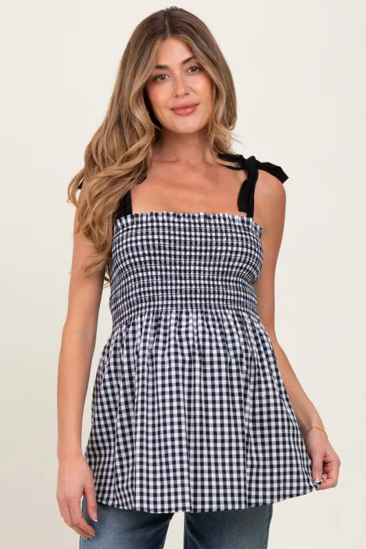 Black Gingham Smocked Shoulder Tie Maternity Top sold by Pinkblush
