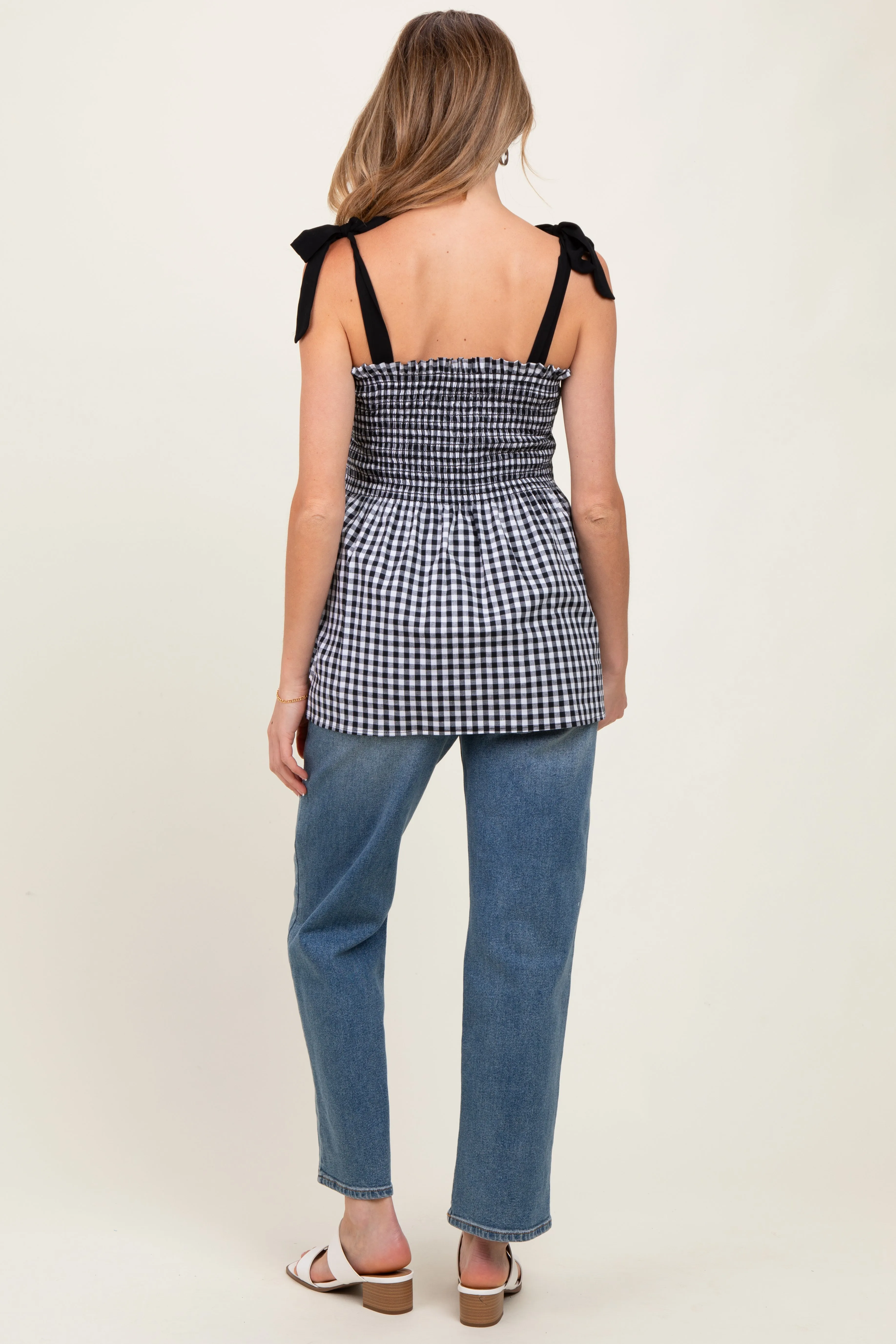 Black Gingham Smocked Shoulder Tie Maternity Top sold by Pinkblush product image thumbnail 3