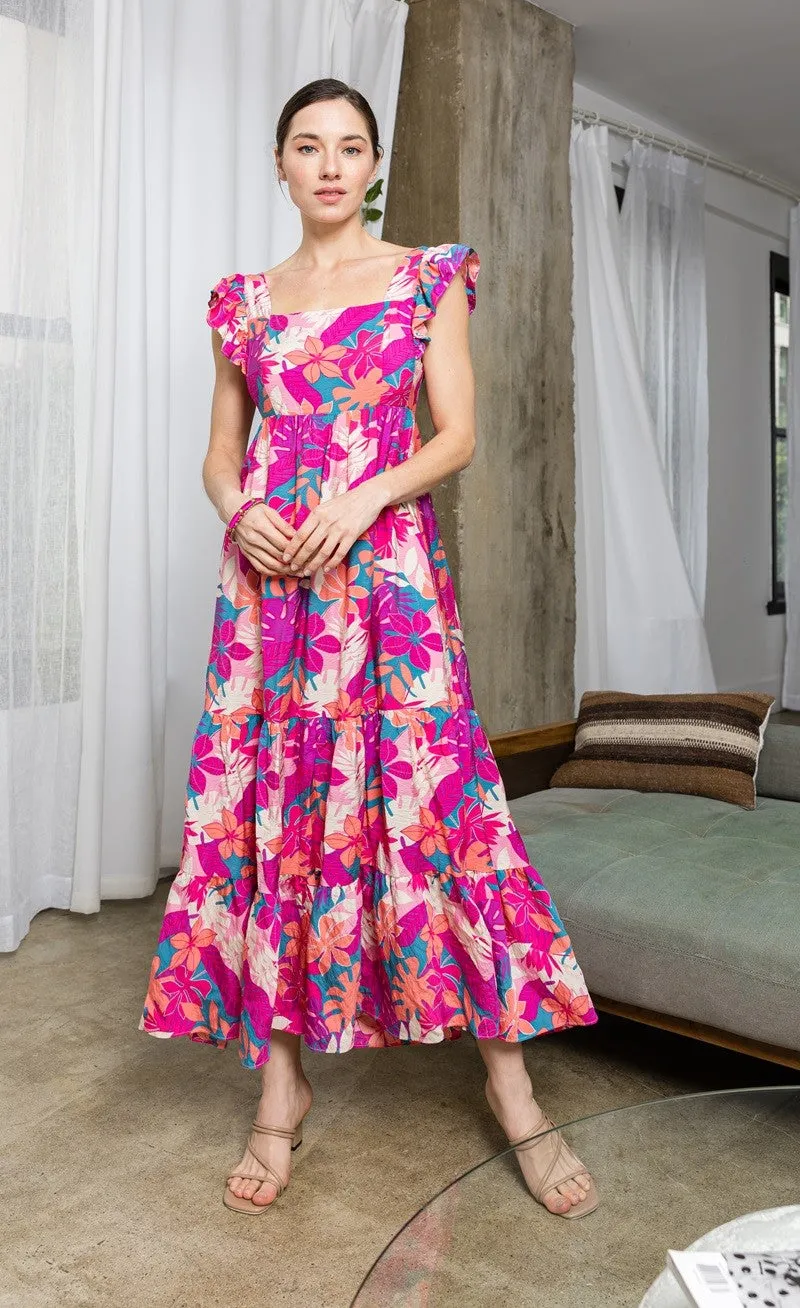 Magenta Tropical Floral Tiered Maxi Dress sold by Pinkblush