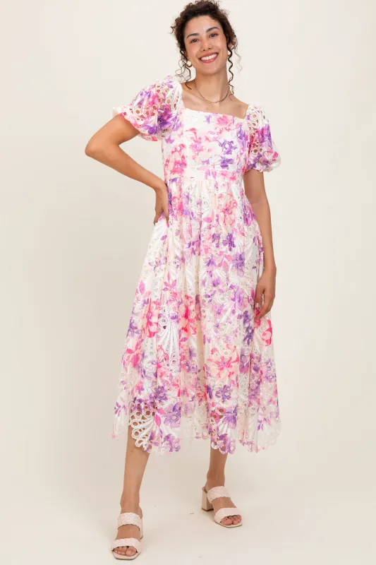 Purple Tie Dye Lace Puff Sleeve Midi Dress sold by Pinkblush