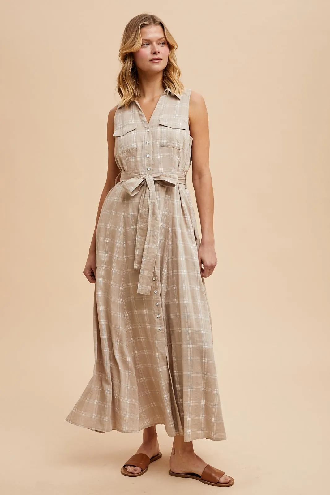 Beige Plaid Sleeveless Sash Tie Maternity Shirt Dress sold by Pinkblush product image thumbnail 5