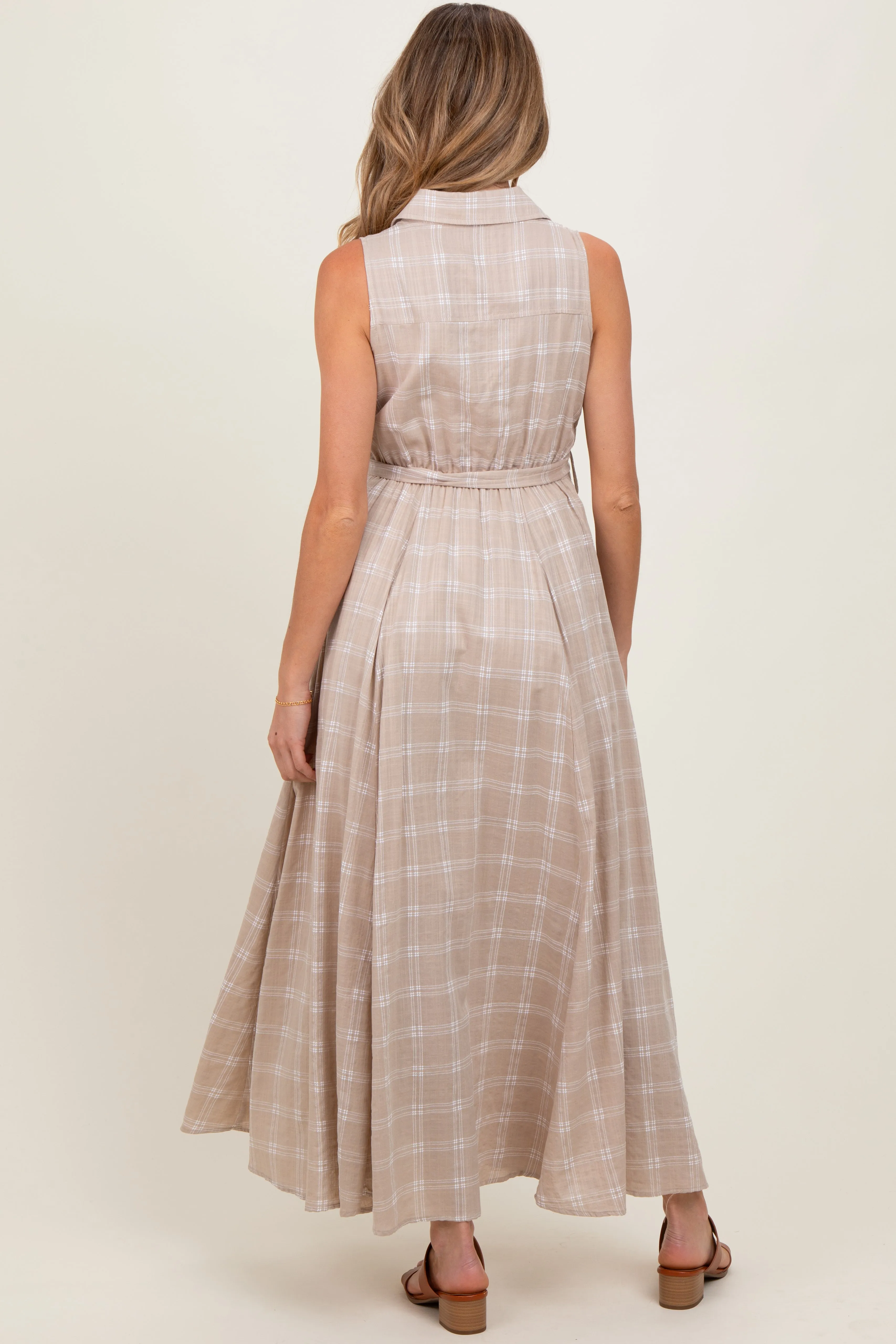 Beige Plaid Sleeveless Sash Tie Maternity Shirt Dress sold by Pinkblush product image thumbnail 4