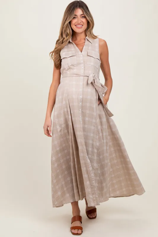 Beige Plaid Sleeveless Sash Tie Maternity Shirt Dress sold by Pinkblush