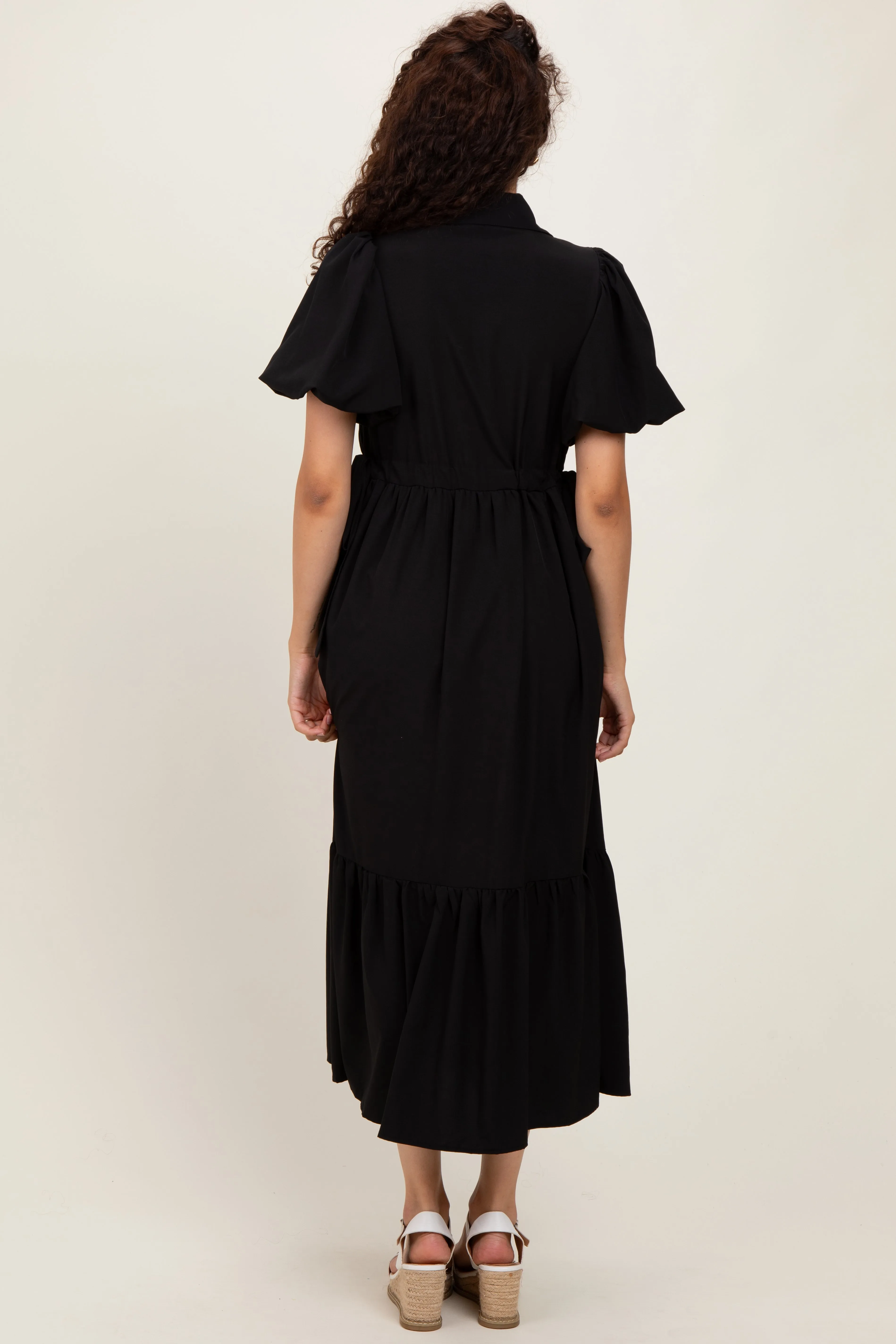 Black Puff Sleeve Side Tie Midi Shirt Dress sold by Pinkblush product image thumbnail 3