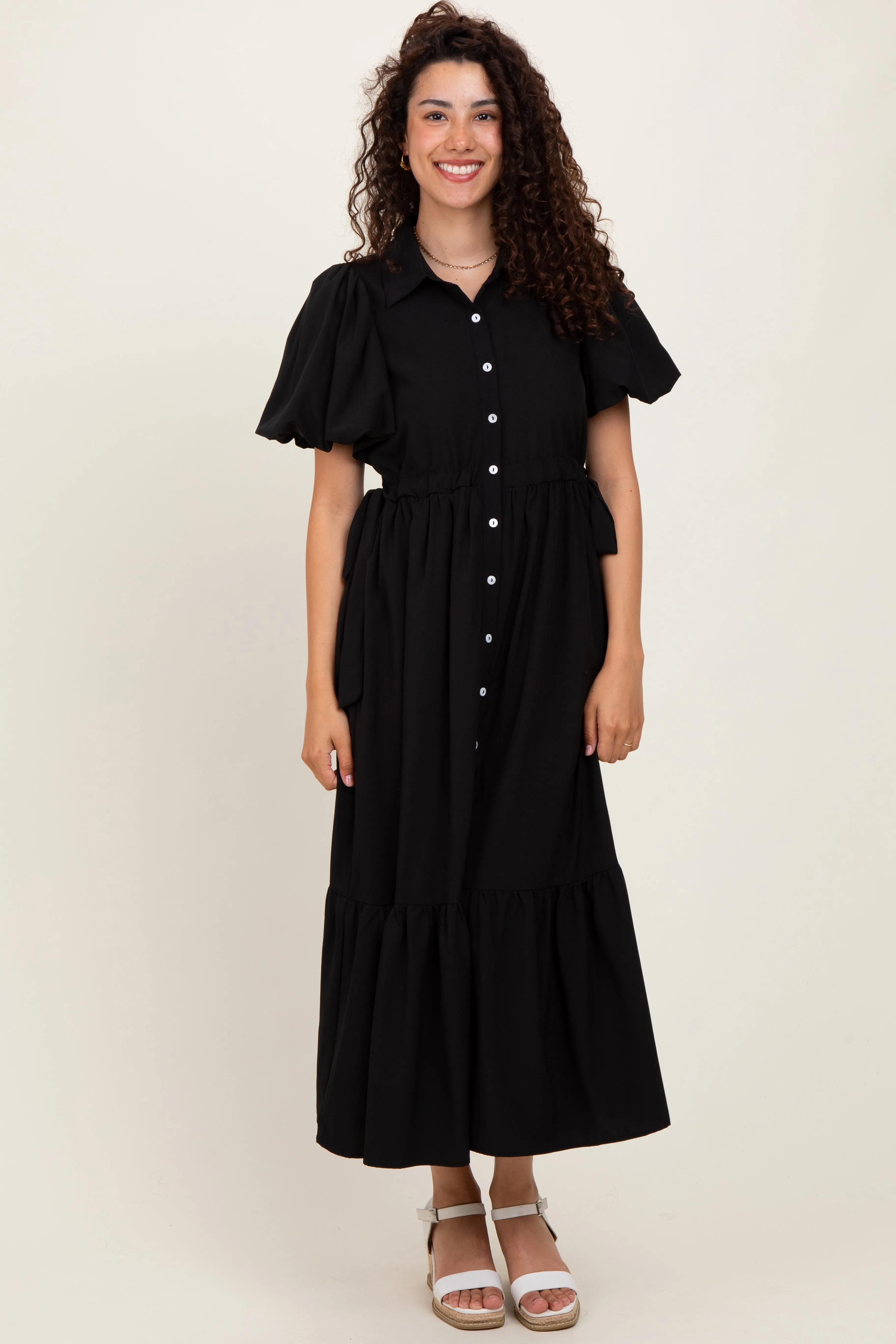 Black Puff Sleeve Side Tie Midi Shirt Dress sold by Pinkblush