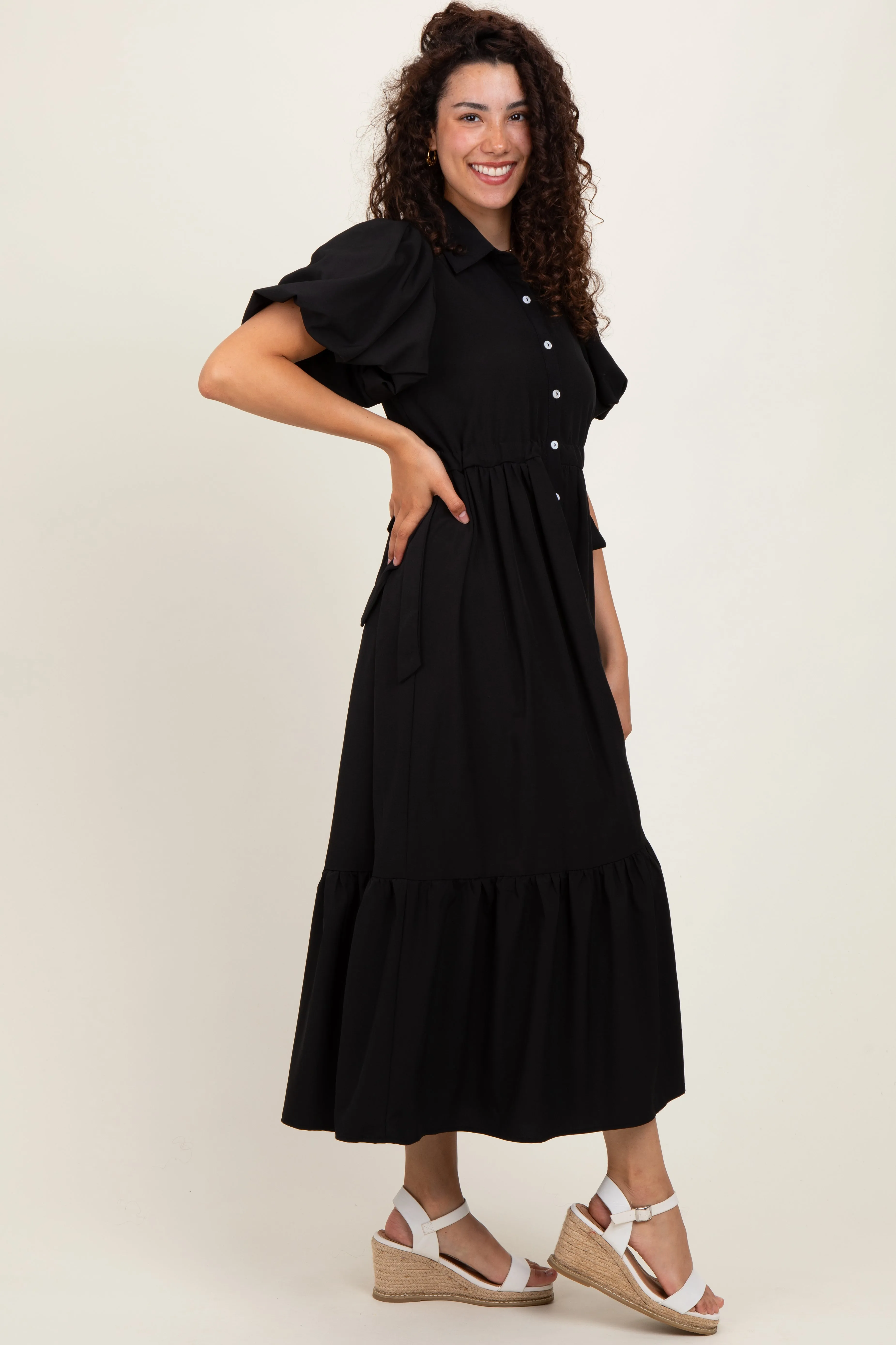 Black Puff Sleeve Side Tie Midi Shirt Dress sold by Pinkblush product image thumbnail 2