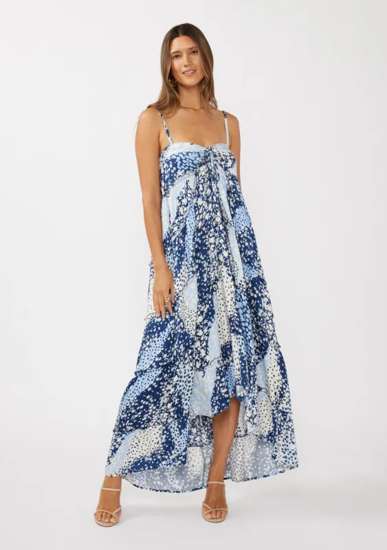 Navy Blue Floral Tiered Spaghetti Strap Maxi Dress sold by Pinkblush