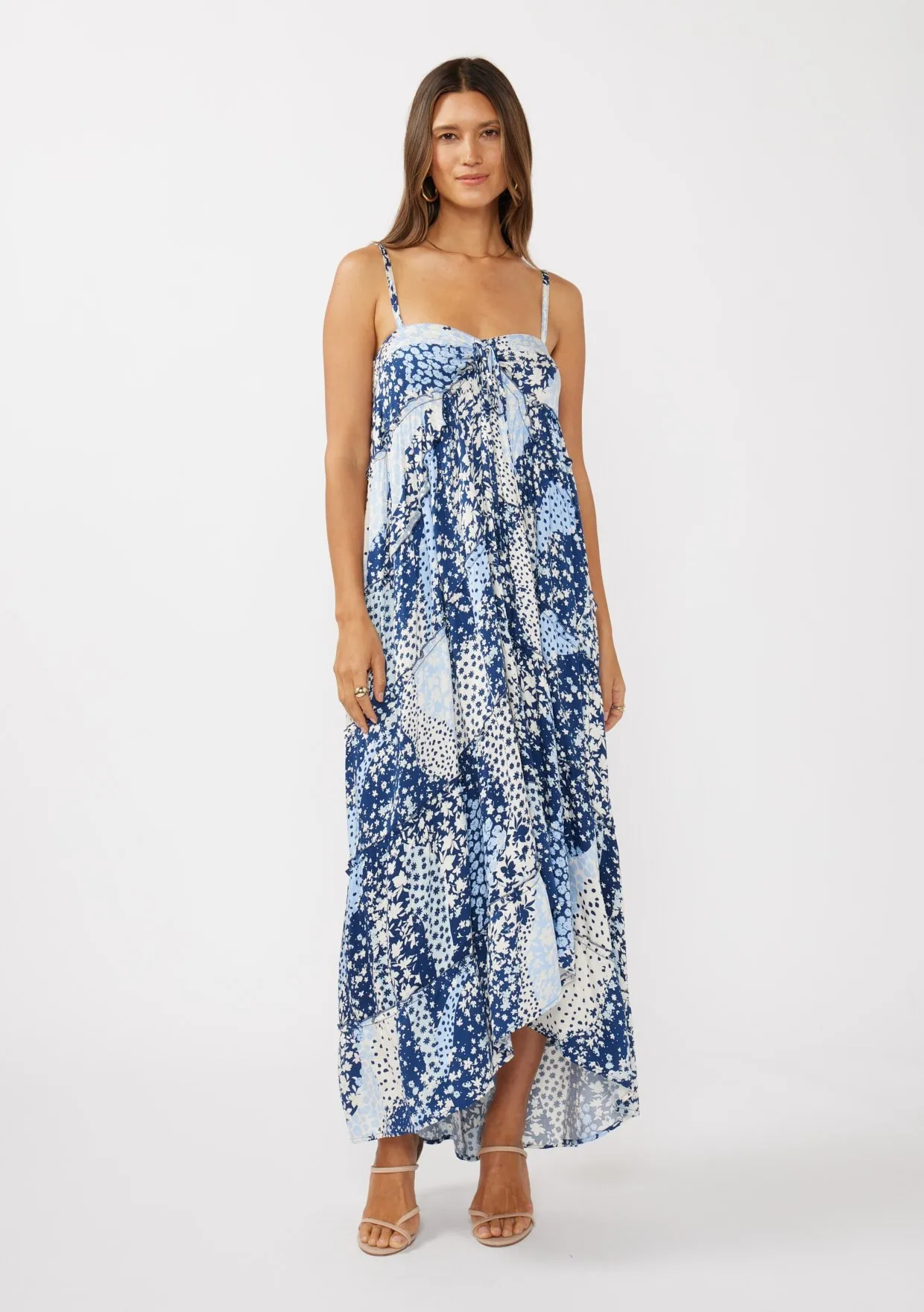 Navy Blue Floral Tiered Spaghetti Strap Maxi Dress sold by Pinkblush product image thumbnail 2