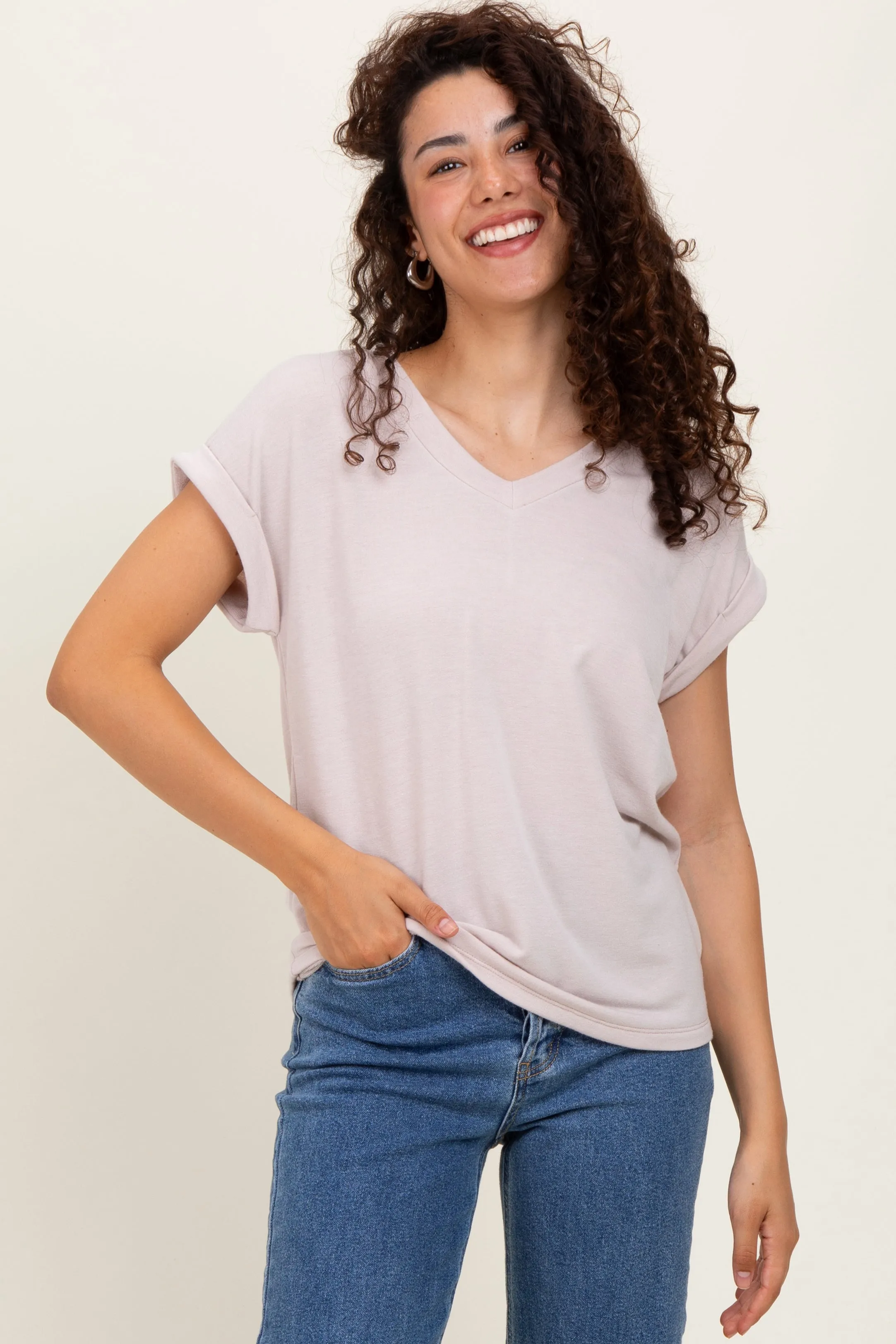 Taupe Terry V-Neck Short Sleeve Top sold by Pinkblush