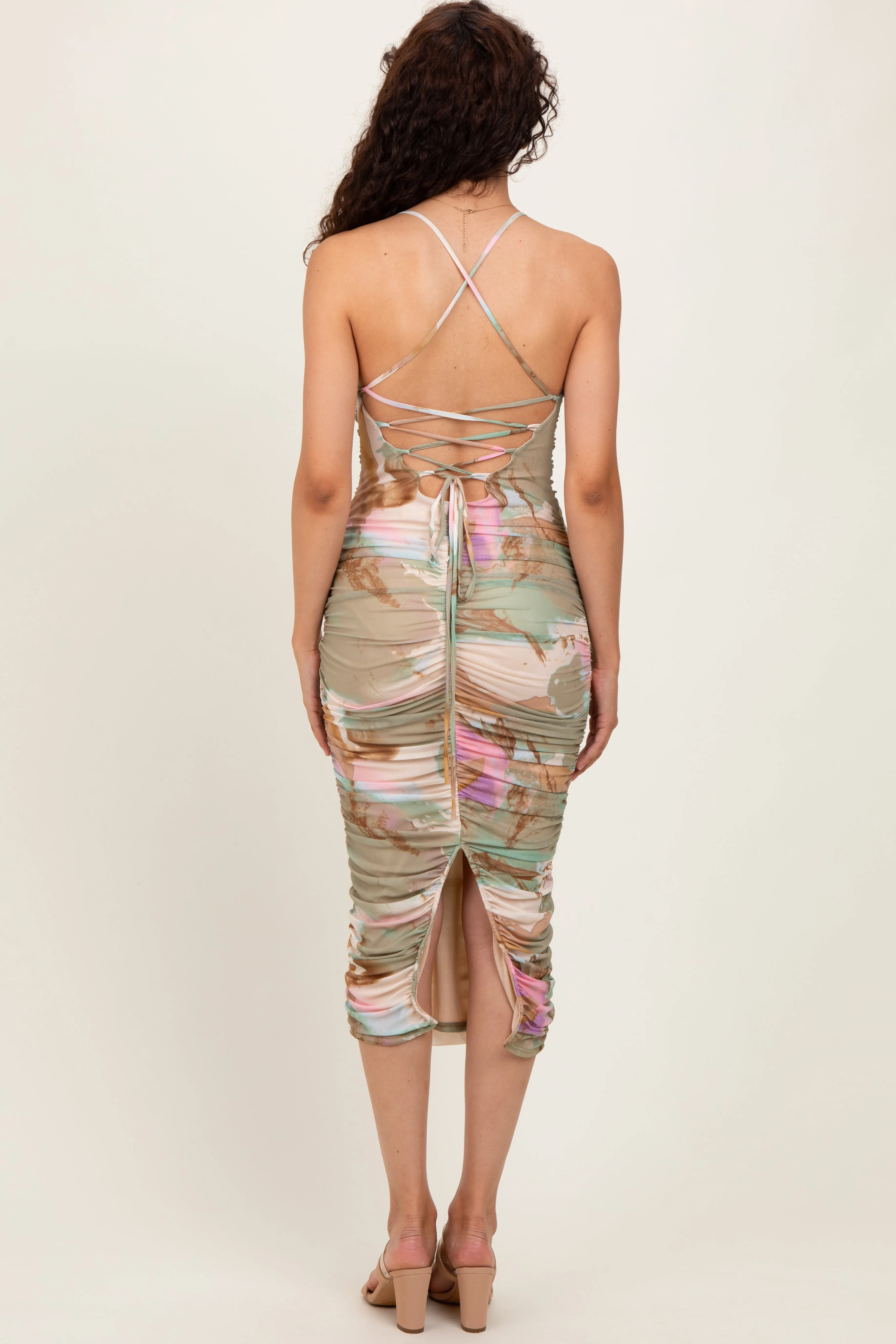 Light Olive Abstract Print Lace Up Back Ruched Midi Dress sold by Pinkblush product image thumbnail 3