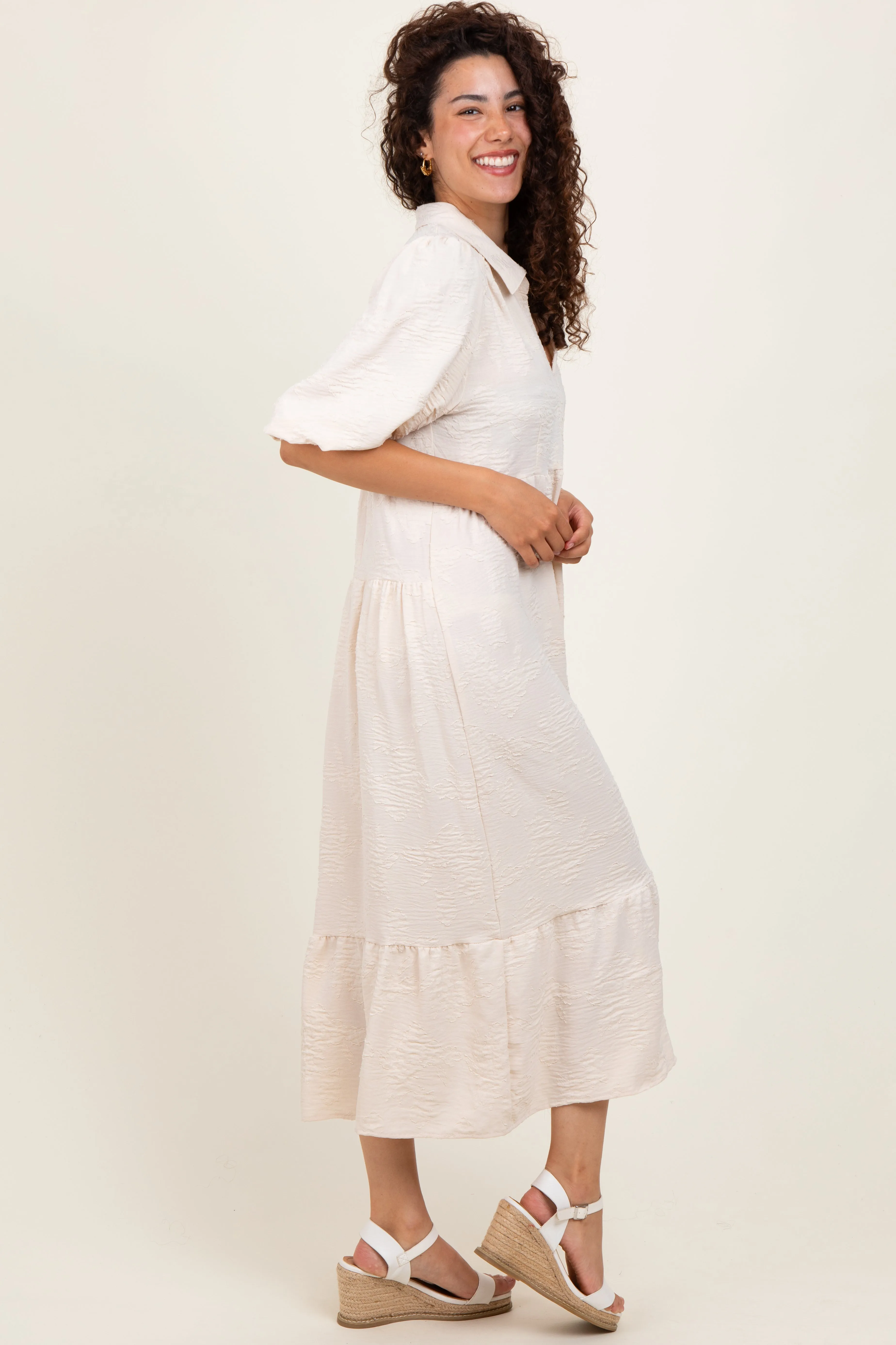 Cream Floral Applique Collared Midi Dress sold by Pinkblush product image thumbnail 3