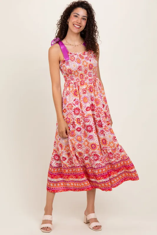 Orange Floral Shoulder Tie Smocked Midi Dress sold by Pinkblush