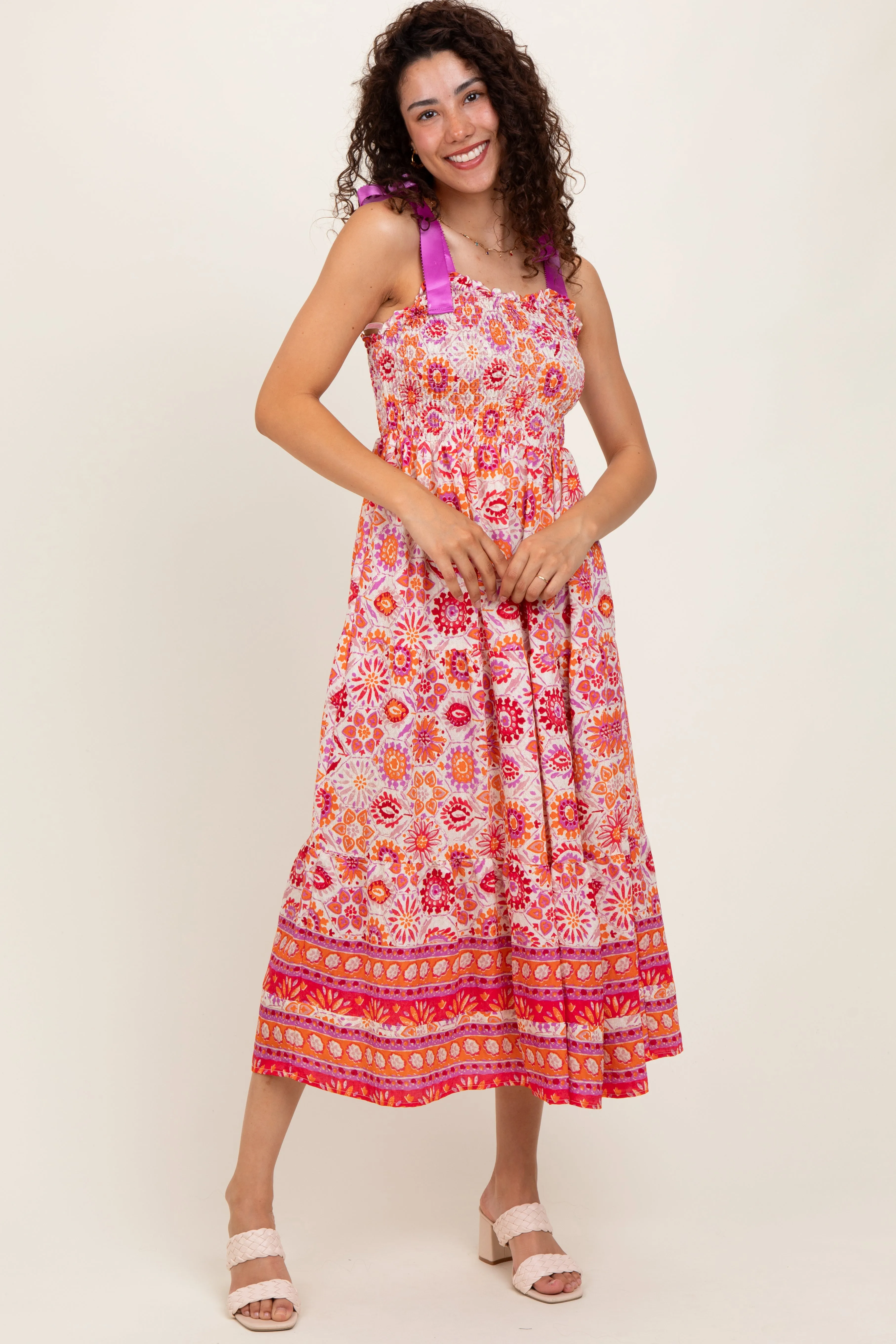 Orange Floral Shoulder Tie Smocked Midi Dress sold by Pinkblush product image thumbnail 2