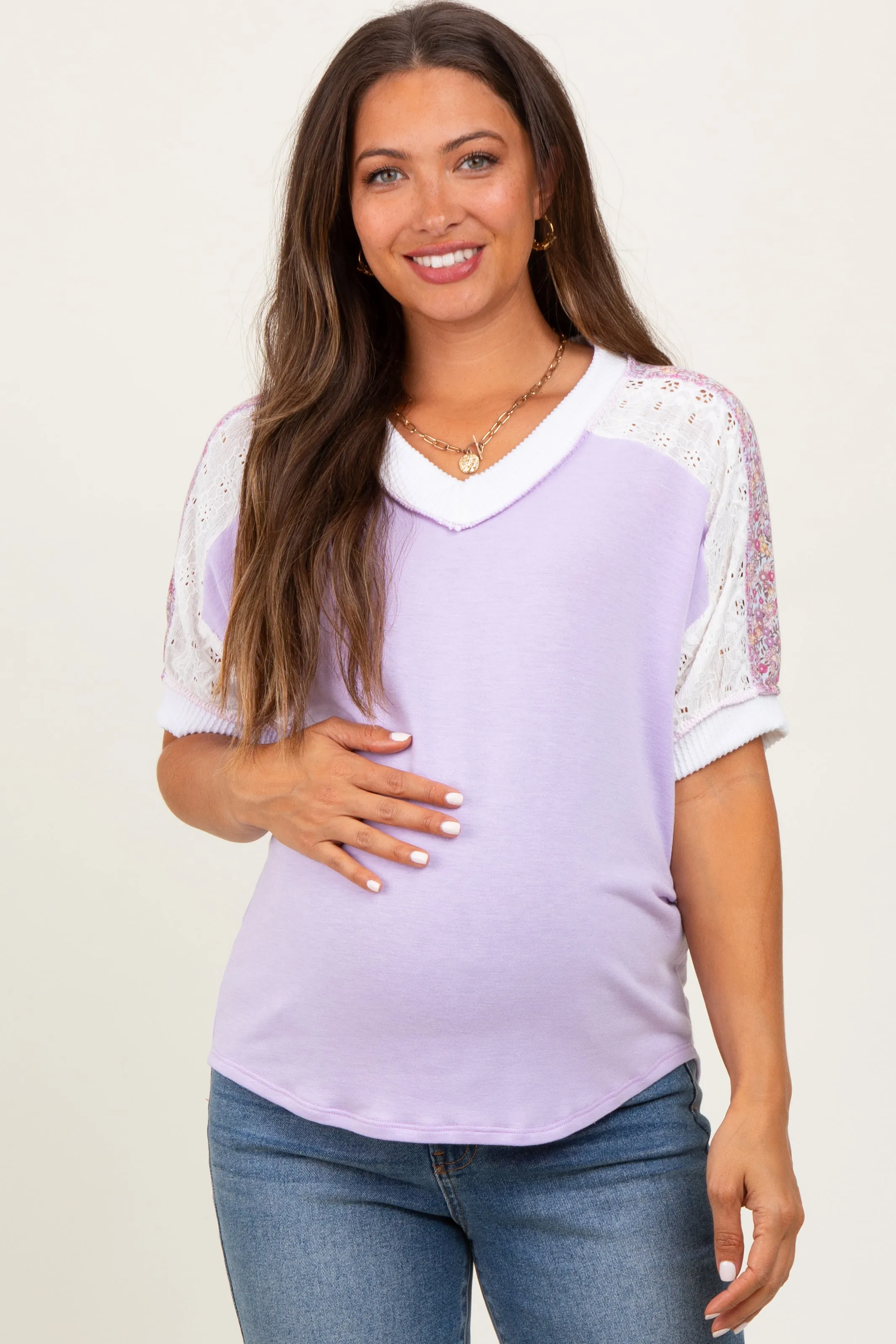 Lavender Floral Lace Inset Short Sleeve Maternity Top sold by Pinkblush
