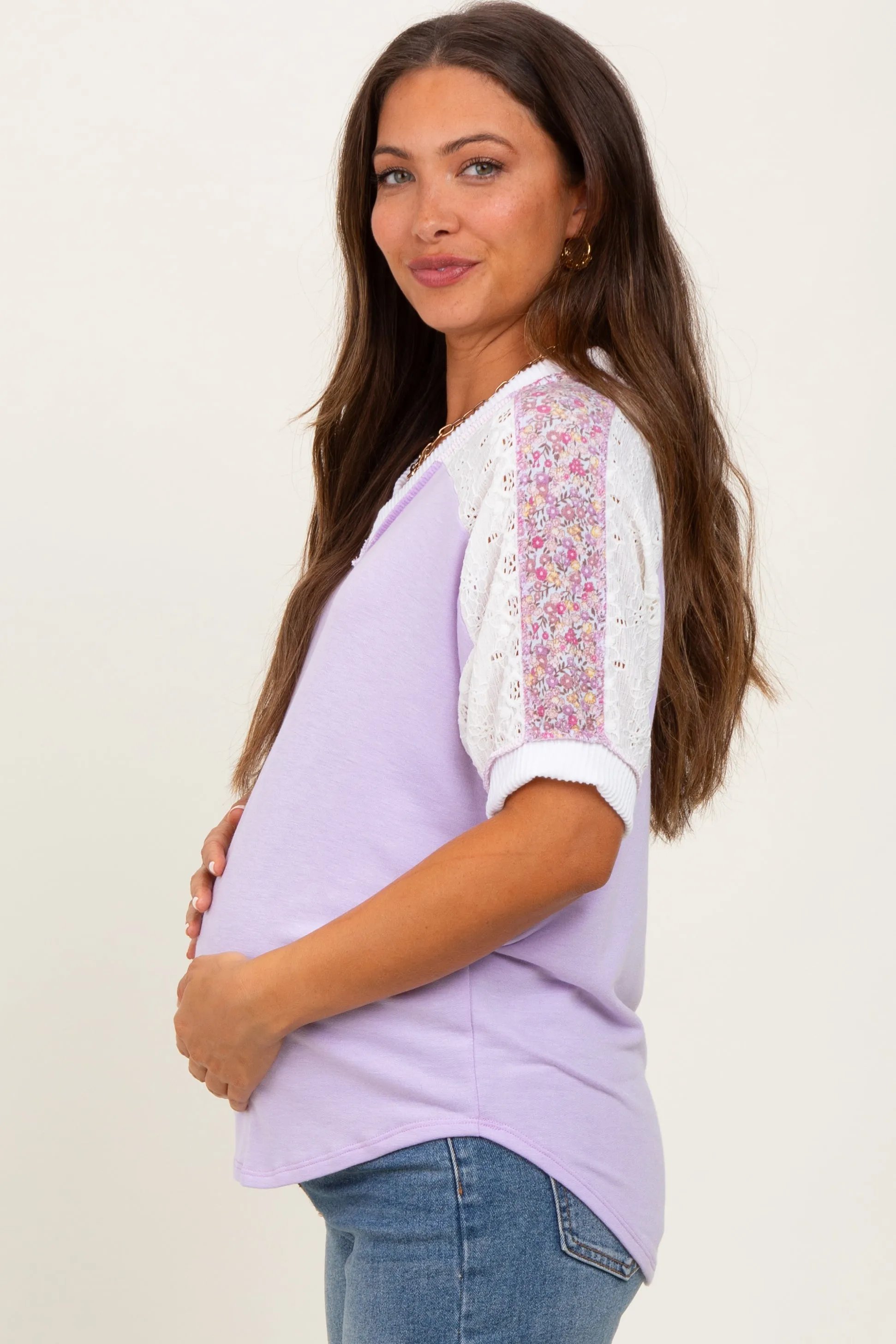 Lavender Floral Lace Inset Short Sleeve Maternity Top sold by Pinkblush product image thumbnail 2