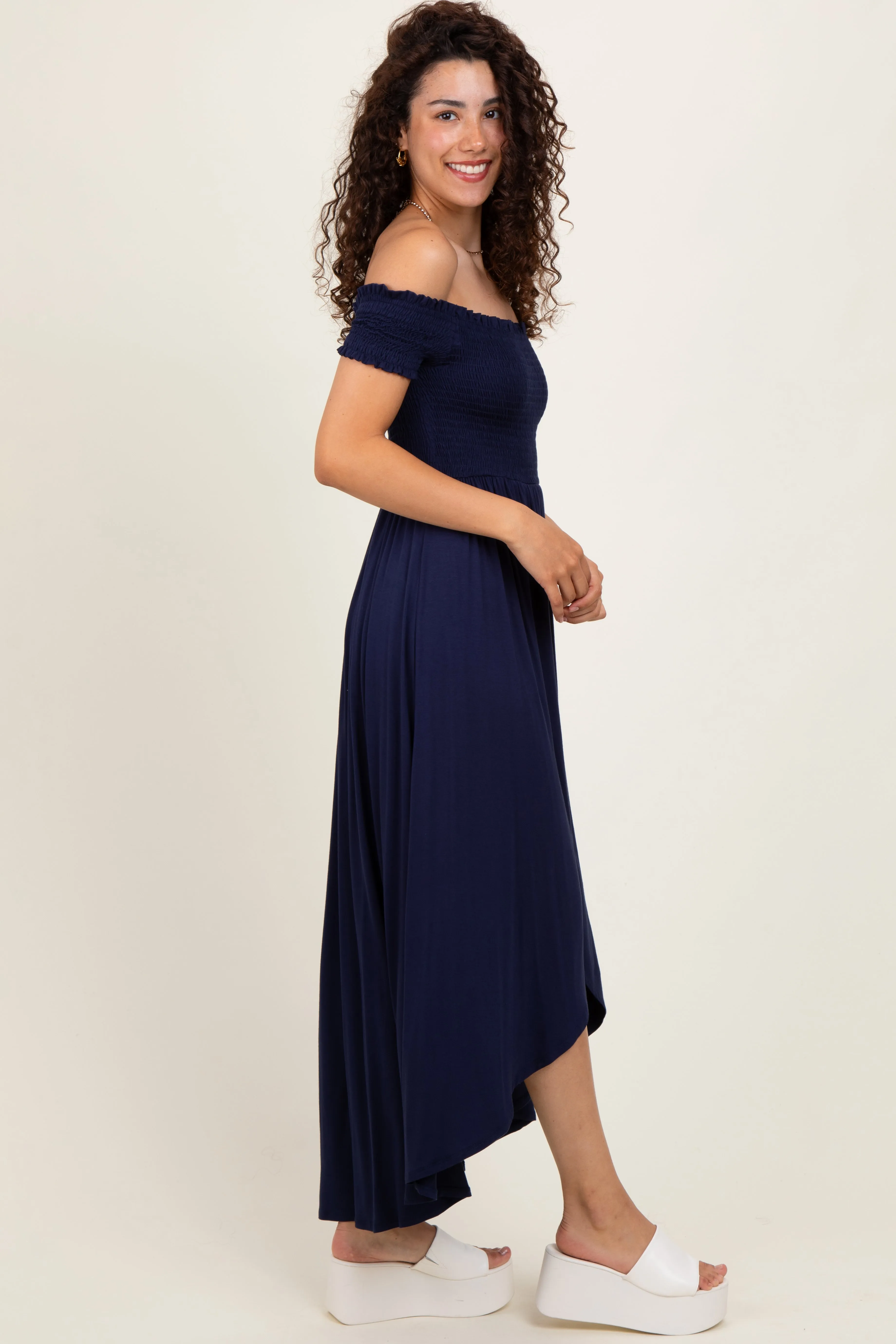 Navy Smocked Off The Shoulder Midi Dress sold by Pinkblush product image thumbnail 3