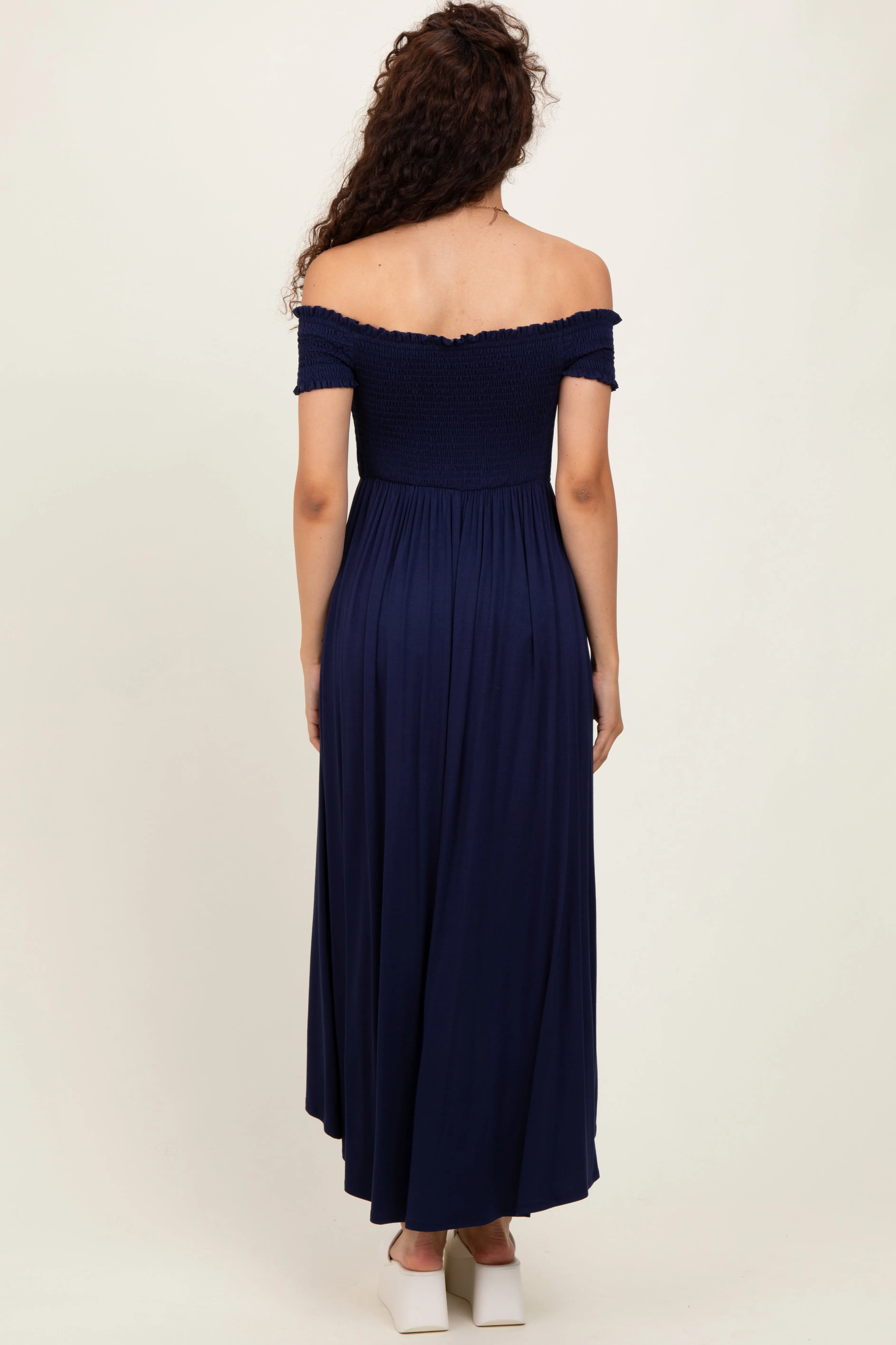 Navy Smocked Off The Shoulder Midi Dress sold by Pinkblush product image thumbnail 4
