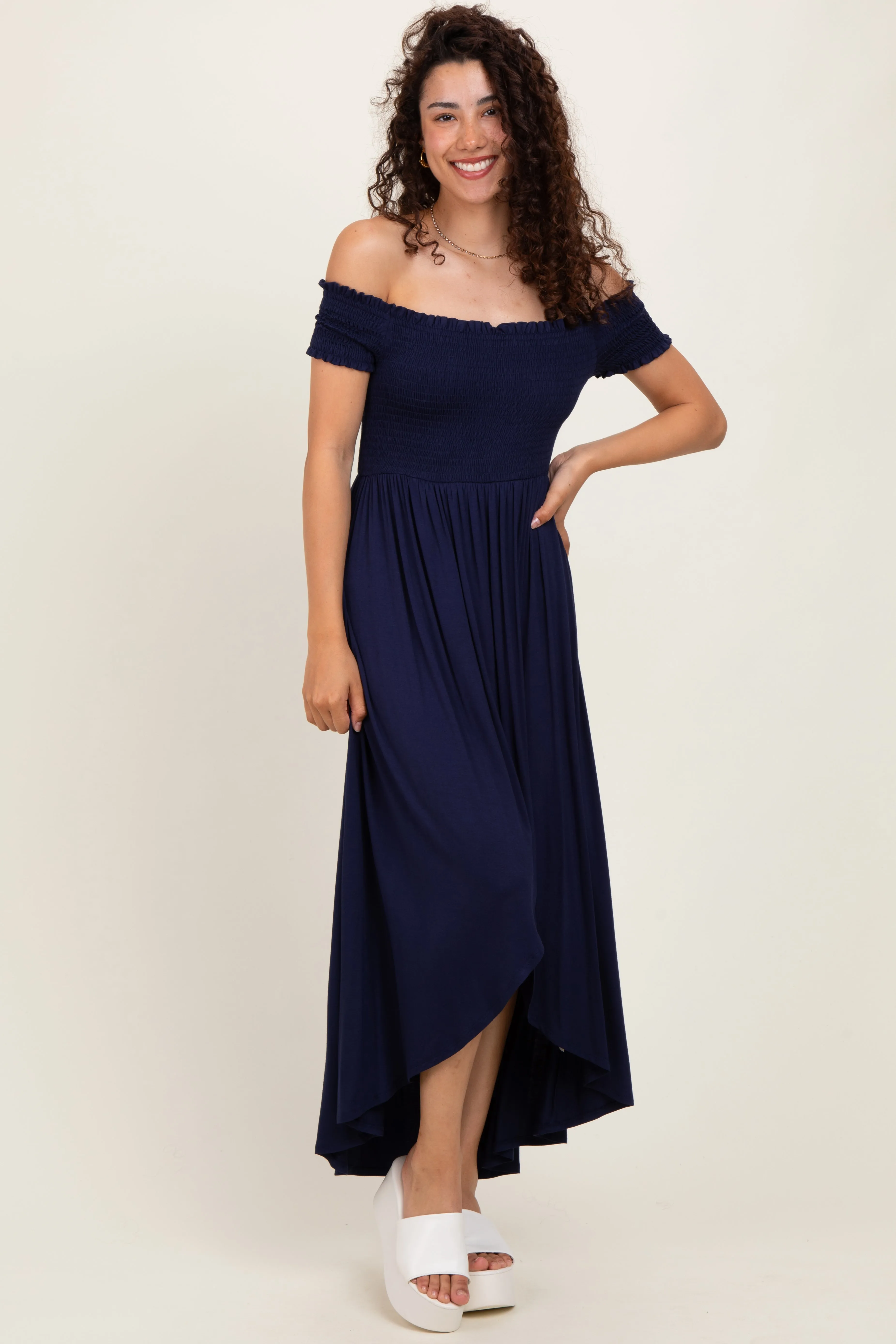 Navy Smocked Off The Shoulder Midi Dress sold by Pinkblush