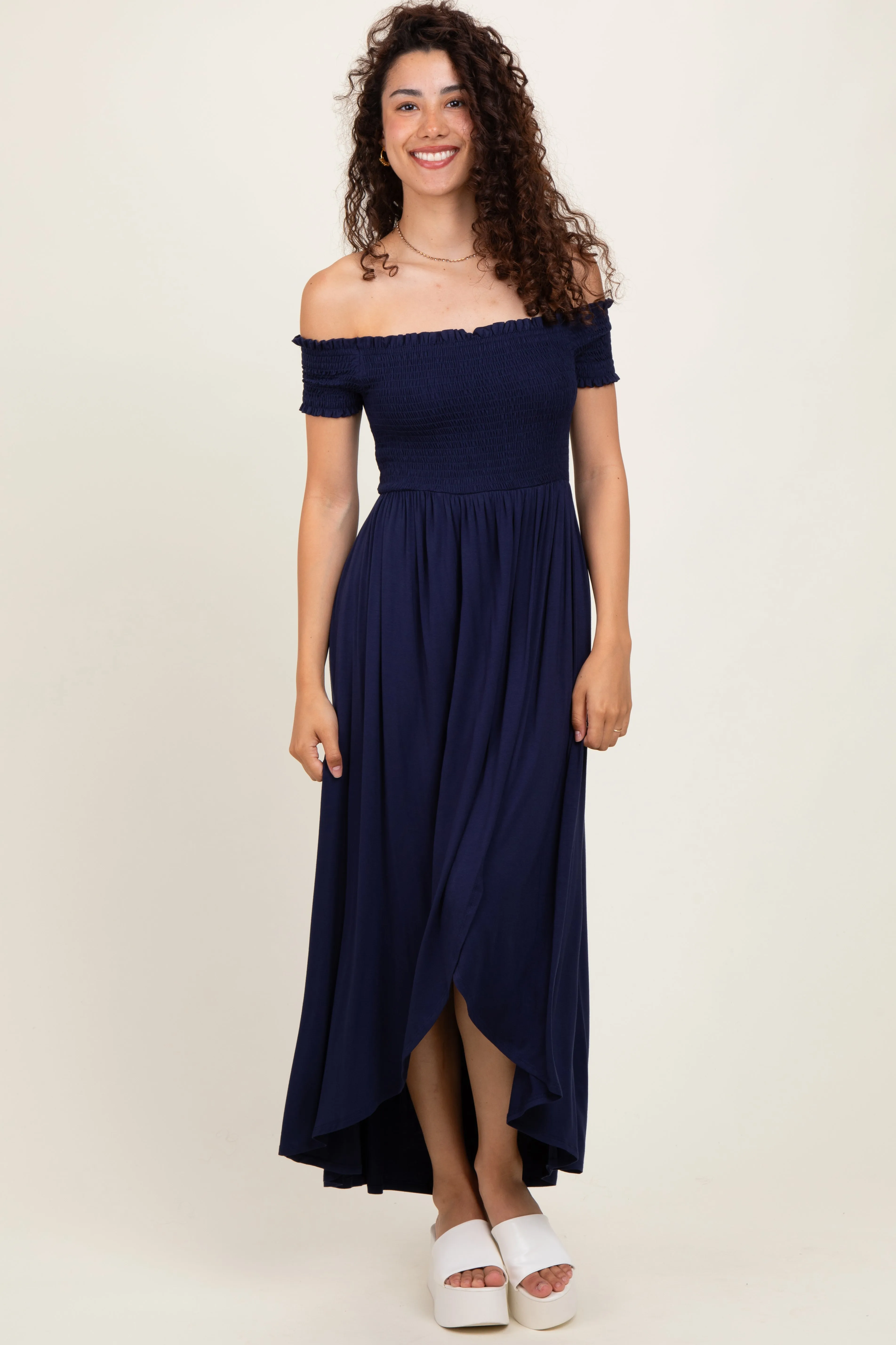 Navy Smocked Off The Shoulder Midi Dress sold by Pinkblush product image thumbnail 2