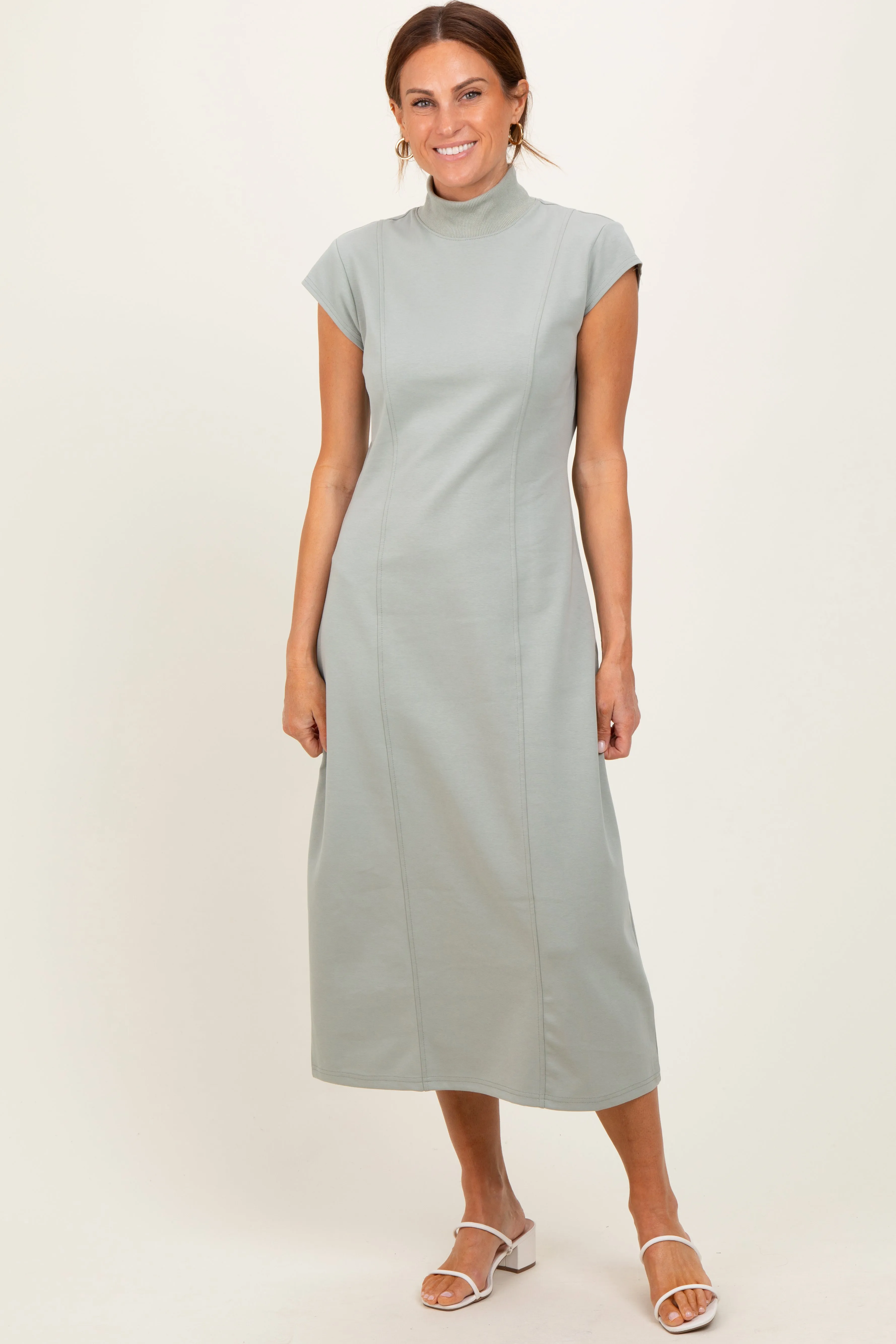 Light Olive Mock Neck Short Sleeve Maternity Midi Dress sold by Pinkblush product image thumbnail 5