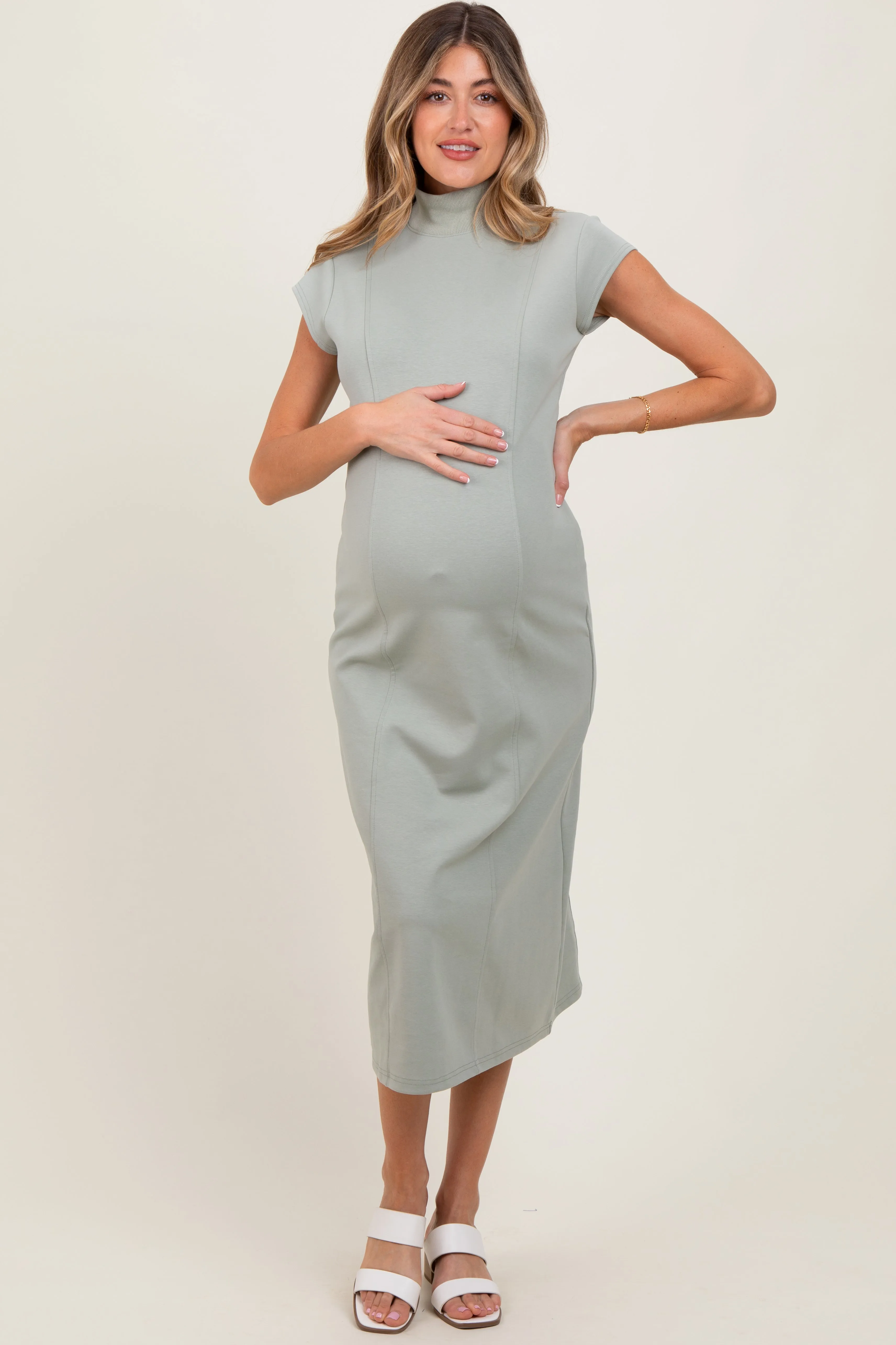 Light Olive Mock Neck Short Sleeve Maternity Midi Dress sold by Pinkblush product image thumbnail 2