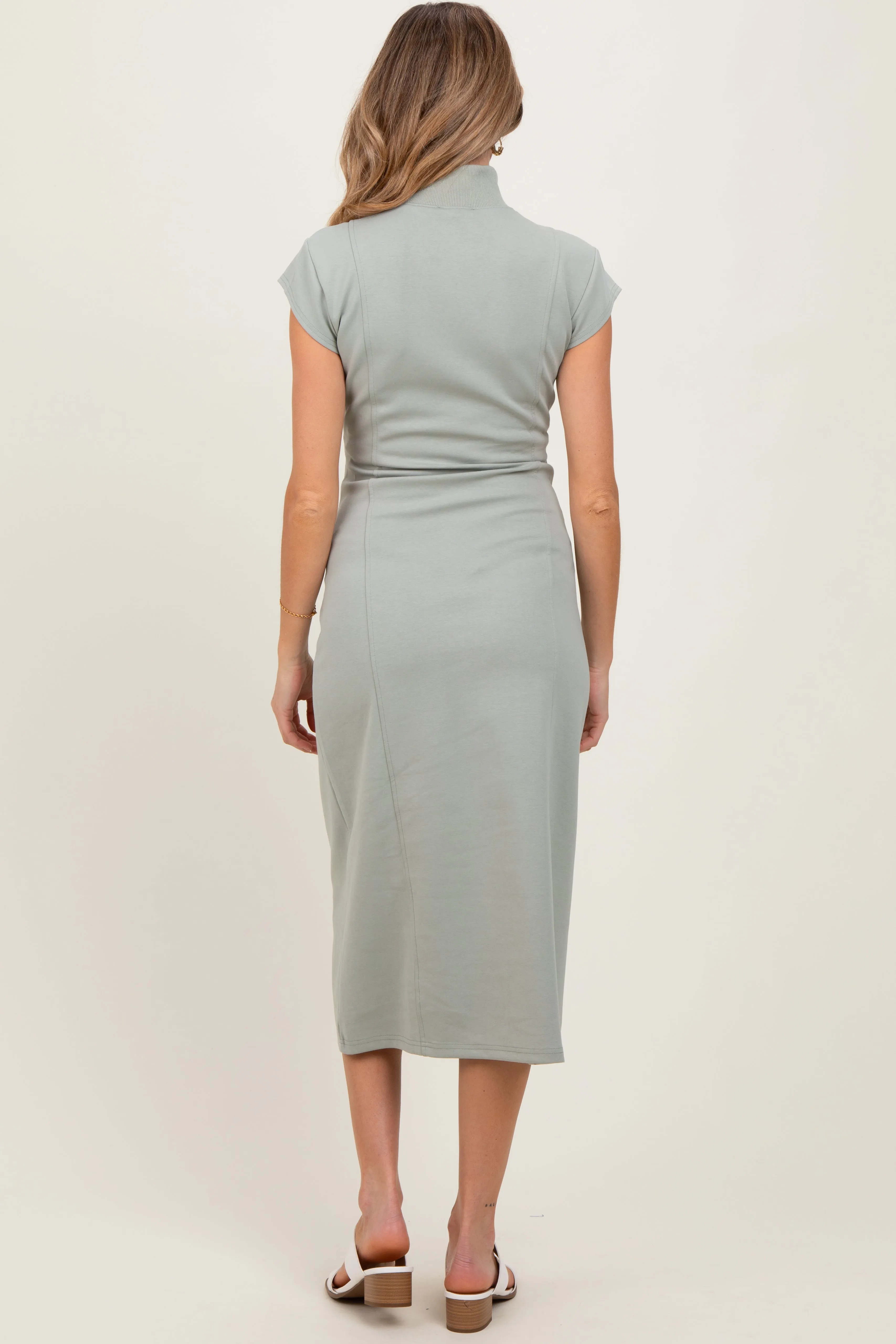 Light Olive Mock Neck Short Sleeve Maternity Midi Dress sold by Pinkblush product image thumbnail 4