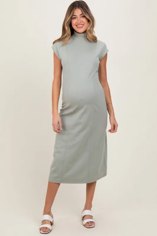Light Olive Mock Neck Short Sleeve Maternity Midi Dress sold by Pinkblush