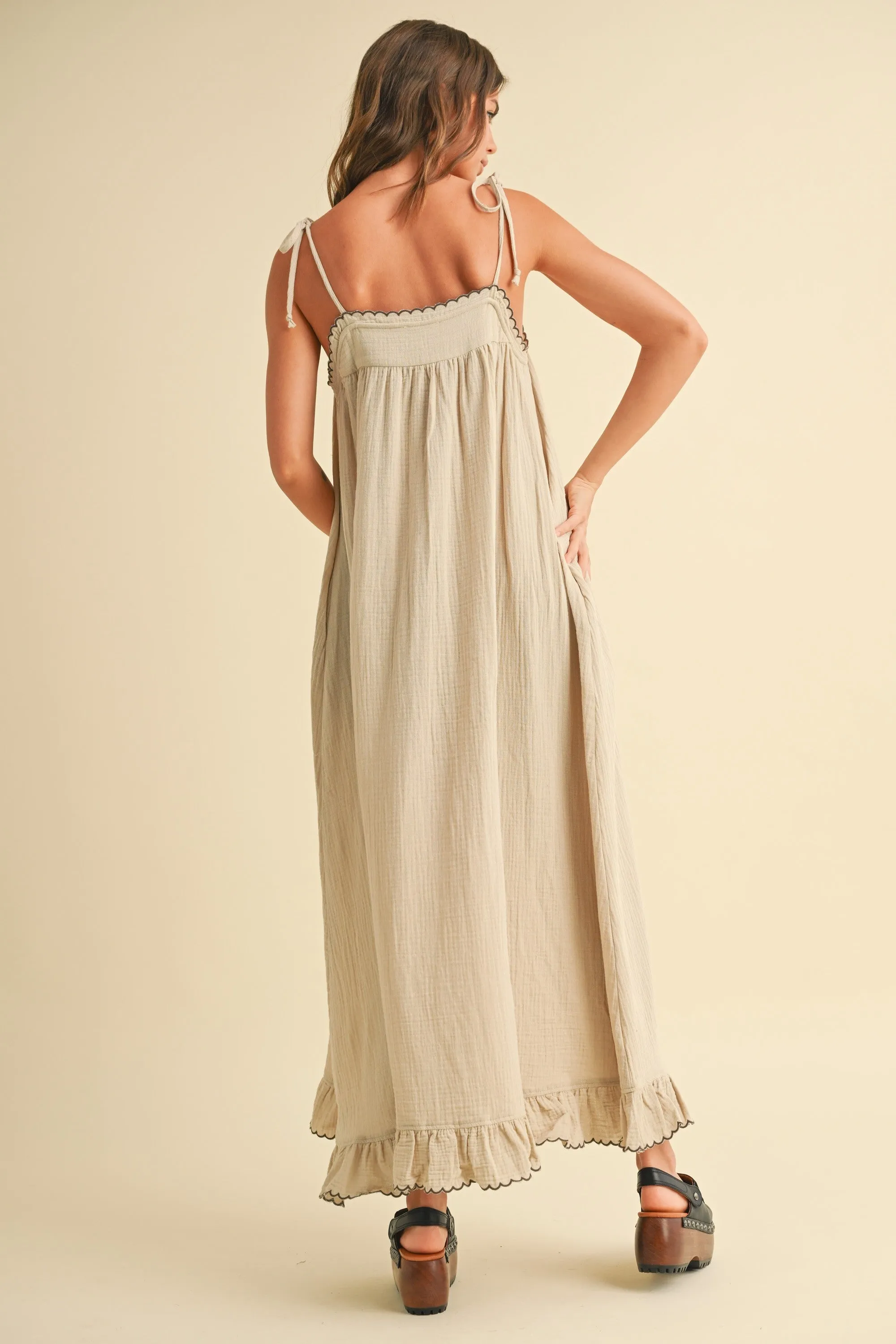 Beige Scallop Trim Shoulder Tie Maxi Dress sold by Pinkblush product image thumbnail 3
