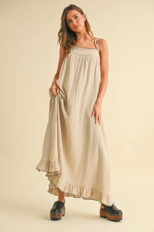 Beige Scallop Trim Shoulder Tie Maxi Dress sold by Pinkblush
