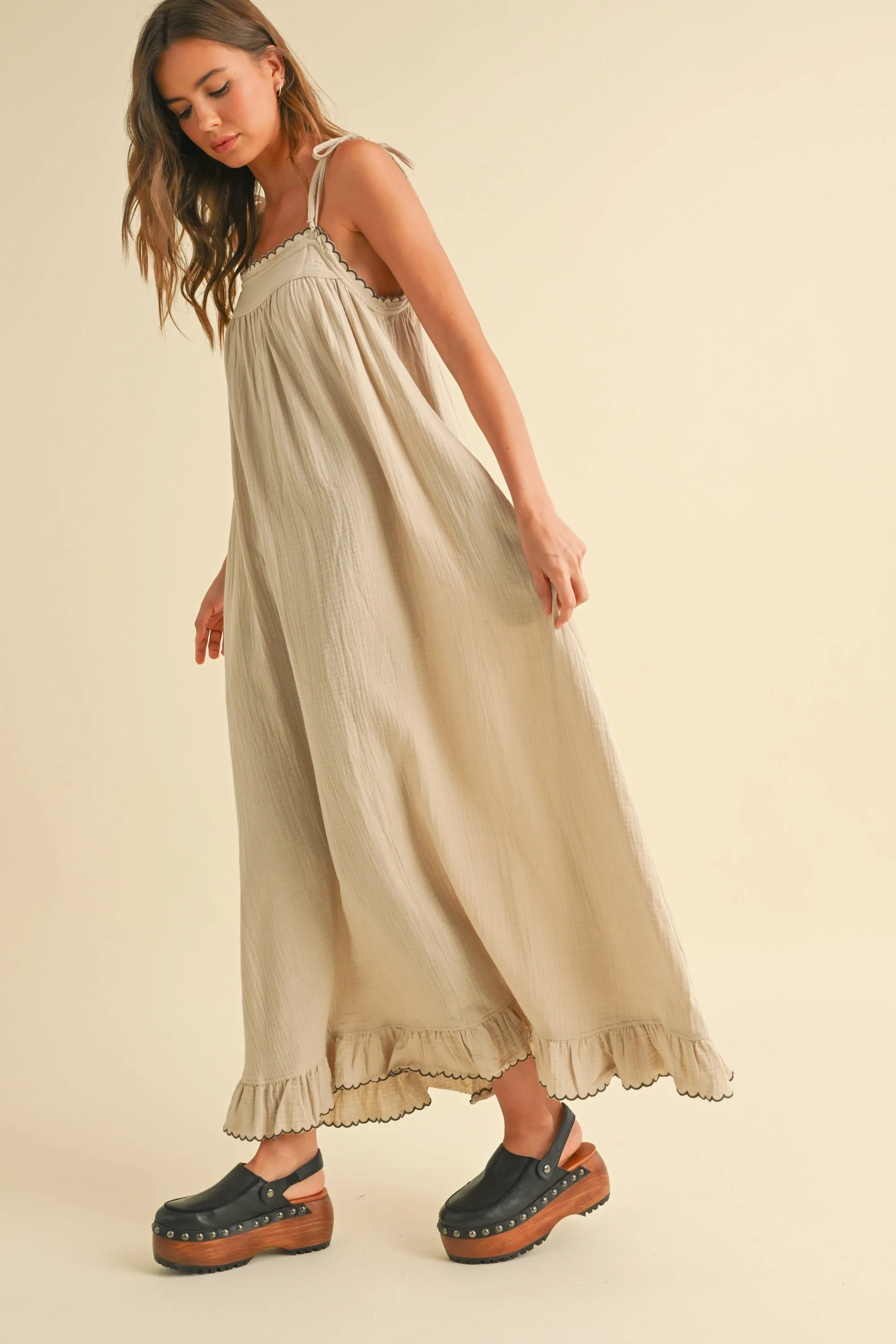 Beige Scallop Trim Shoulder Tie Maxi Dress sold by Pinkblush product image thumbnail 2