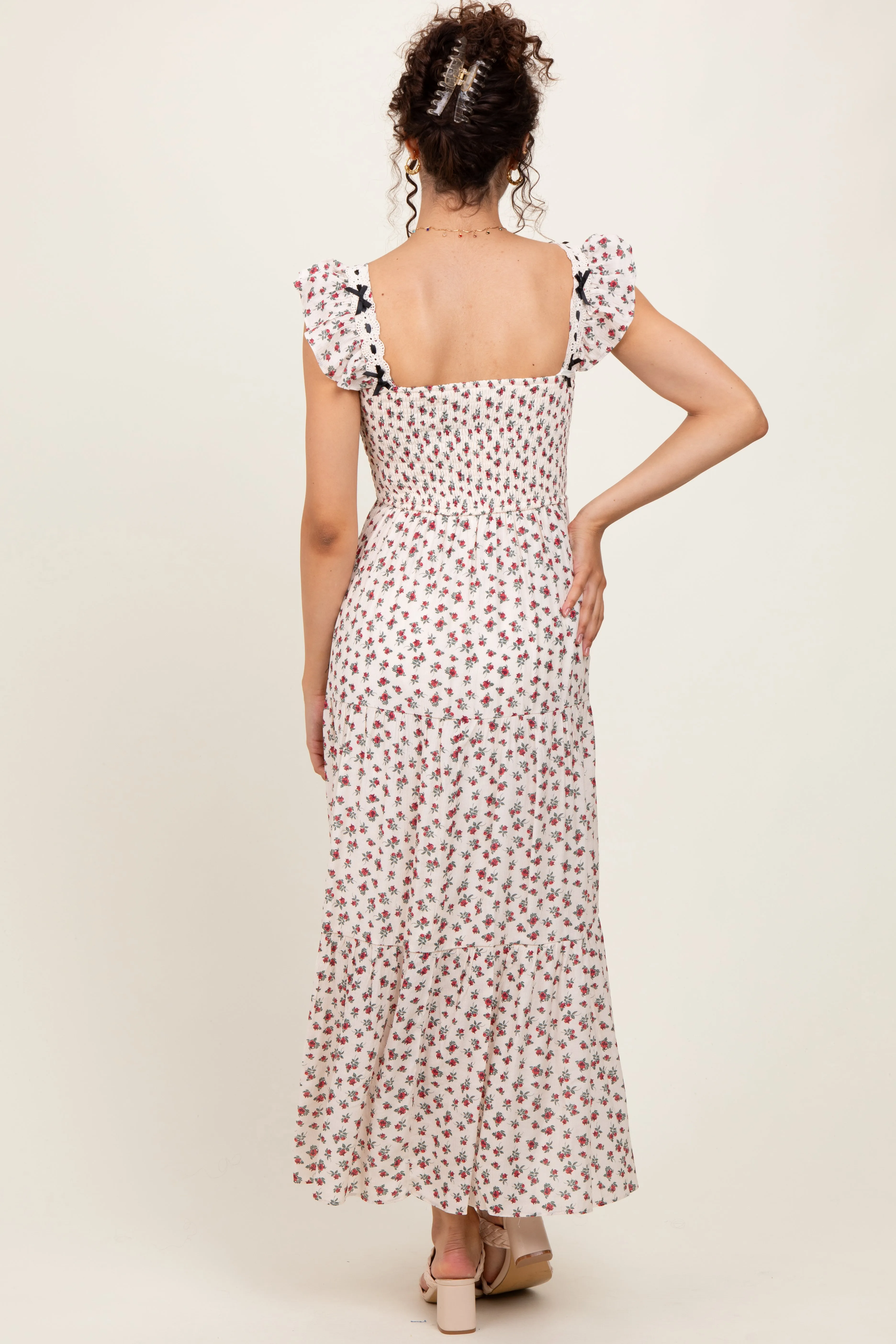 Red Floral Bow Trim Lace Detail Smocked Maxi Dress sold by Pinkblush product image thumbnail 4