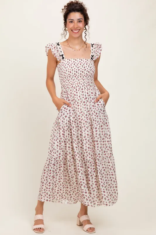 Red Floral Bow Trim Lace Detail Smocked Maxi Dress sold by Pinkblush