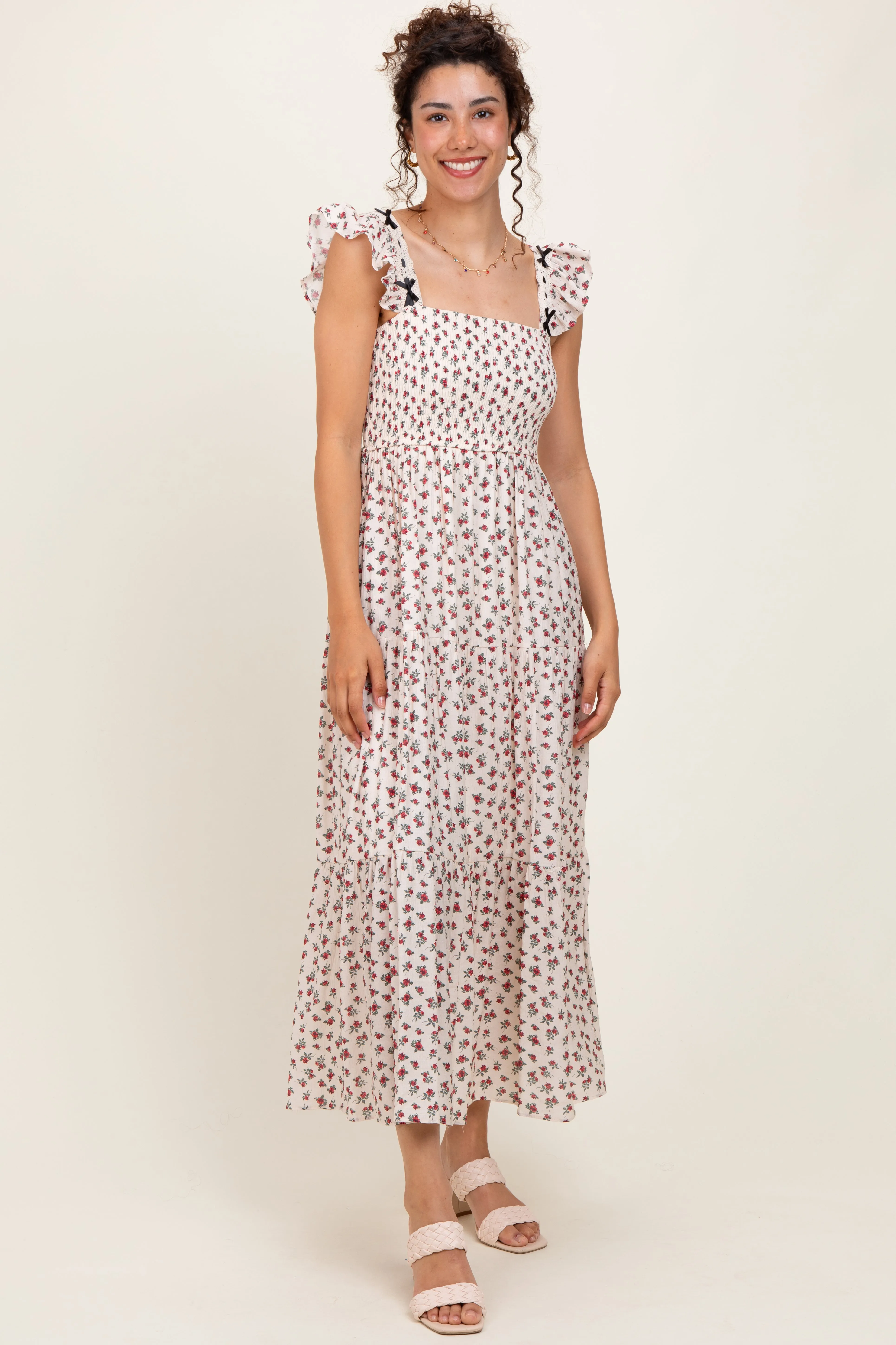 Red Floral Bow Trim Lace Detail Smocked Maxi Dress sold by Pinkblush product image thumbnail 2