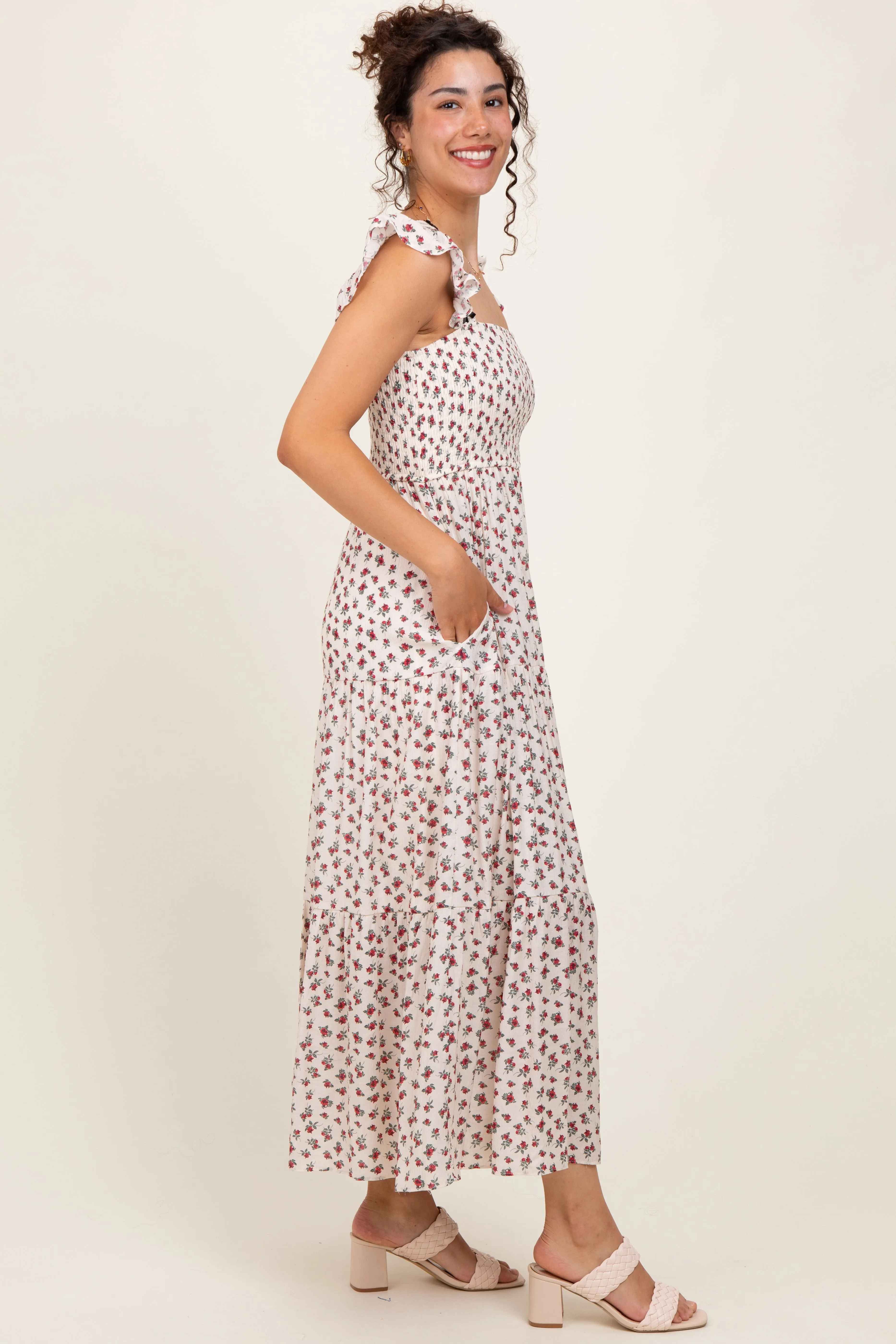 Red Floral Bow Trim Lace Detail Smocked Maxi Dress sold by Pinkblush product image thumbnail 3