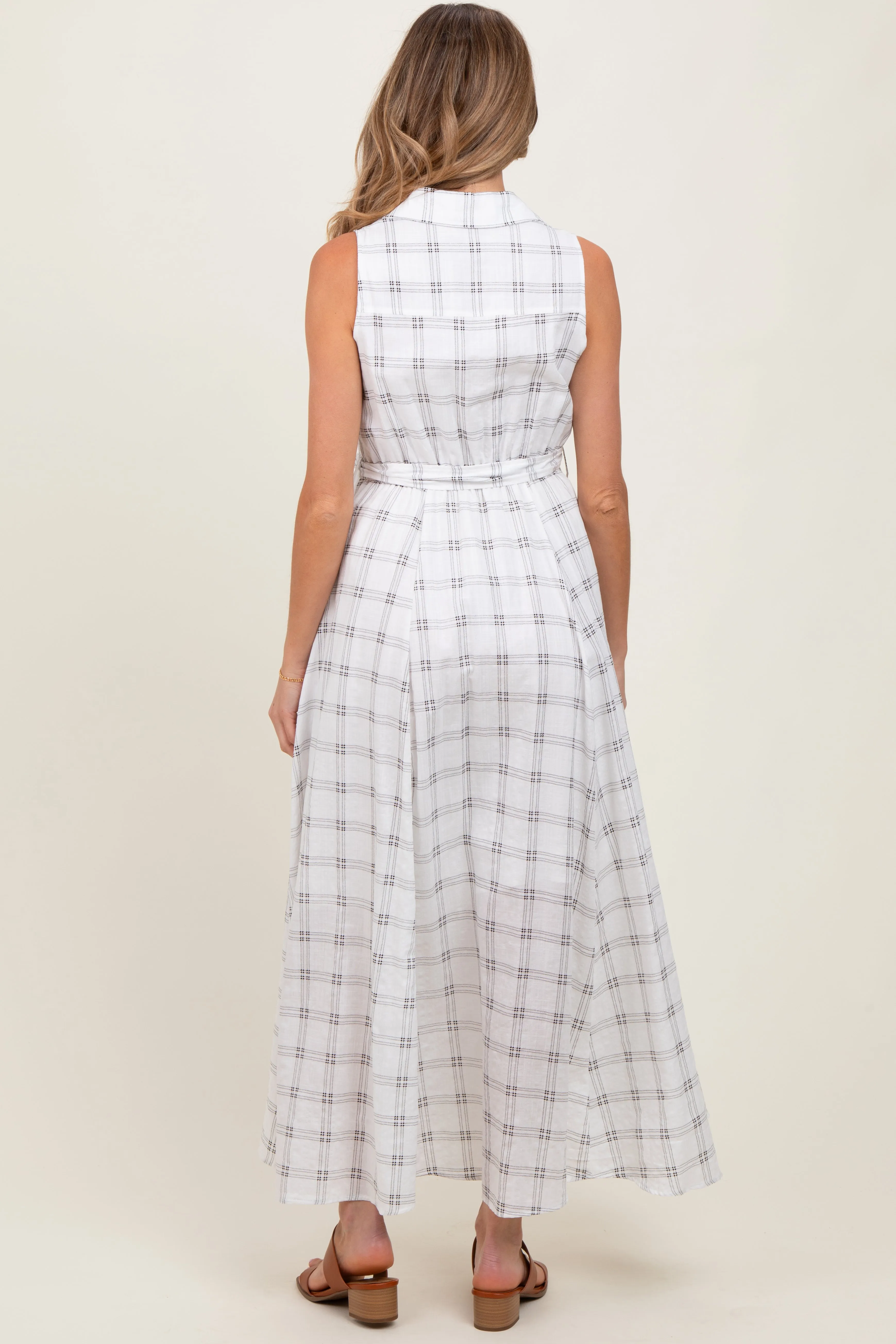 White Plaid Sleeveless Sash Tie Maternity Shirt Dress sold by Pinkblush product image thumbnail 4