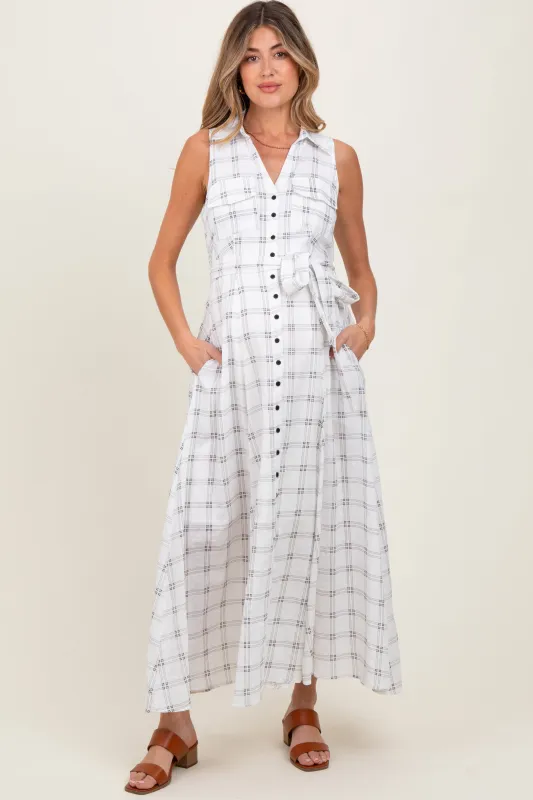 White Plaid Sleeveless Sash Tie Maternity Shirt Dress sold by Pinkblush