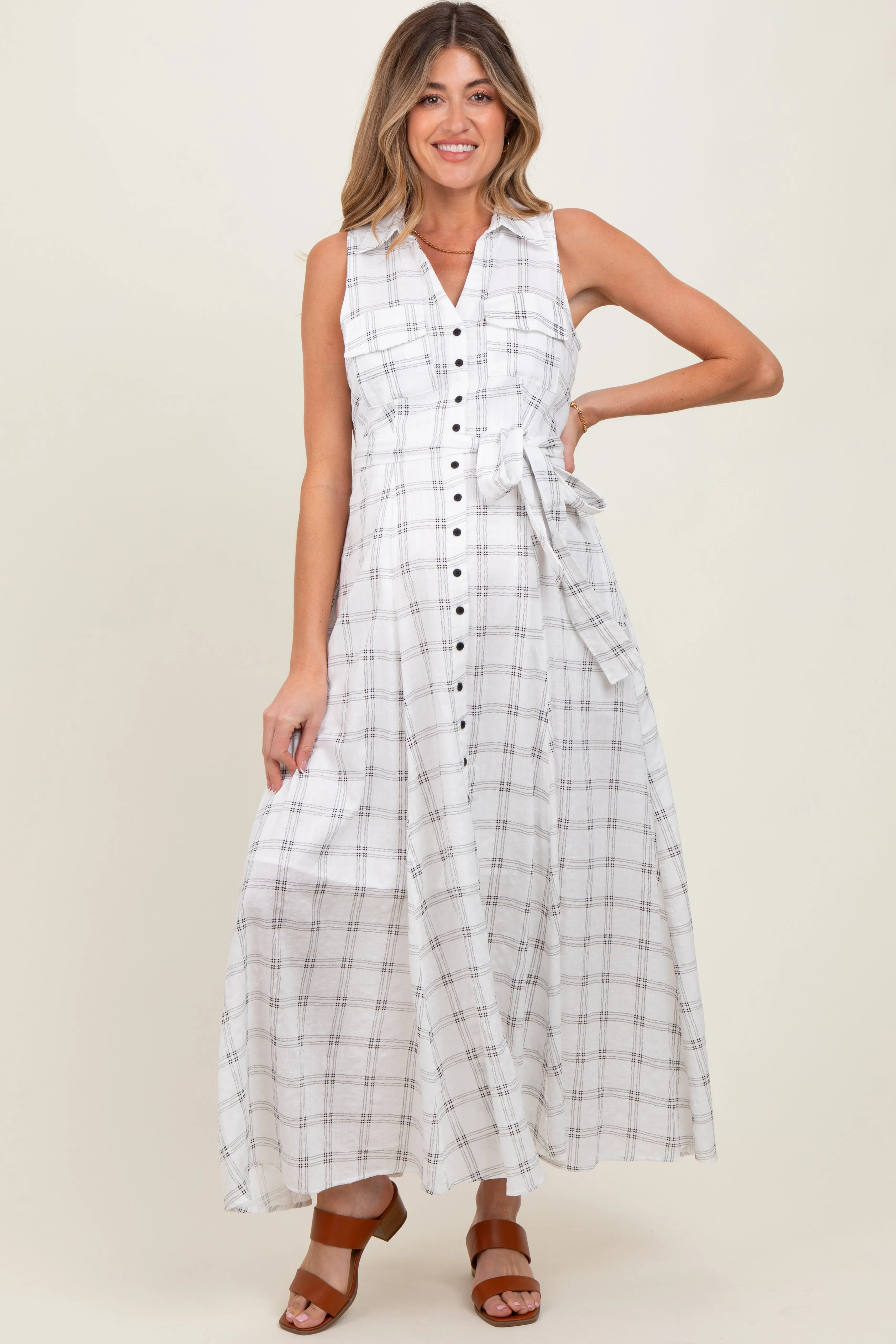 White Plaid Sleeveless Sash Tie Maternity Shirt Dress sold by Pinkblush product image thumbnail 2