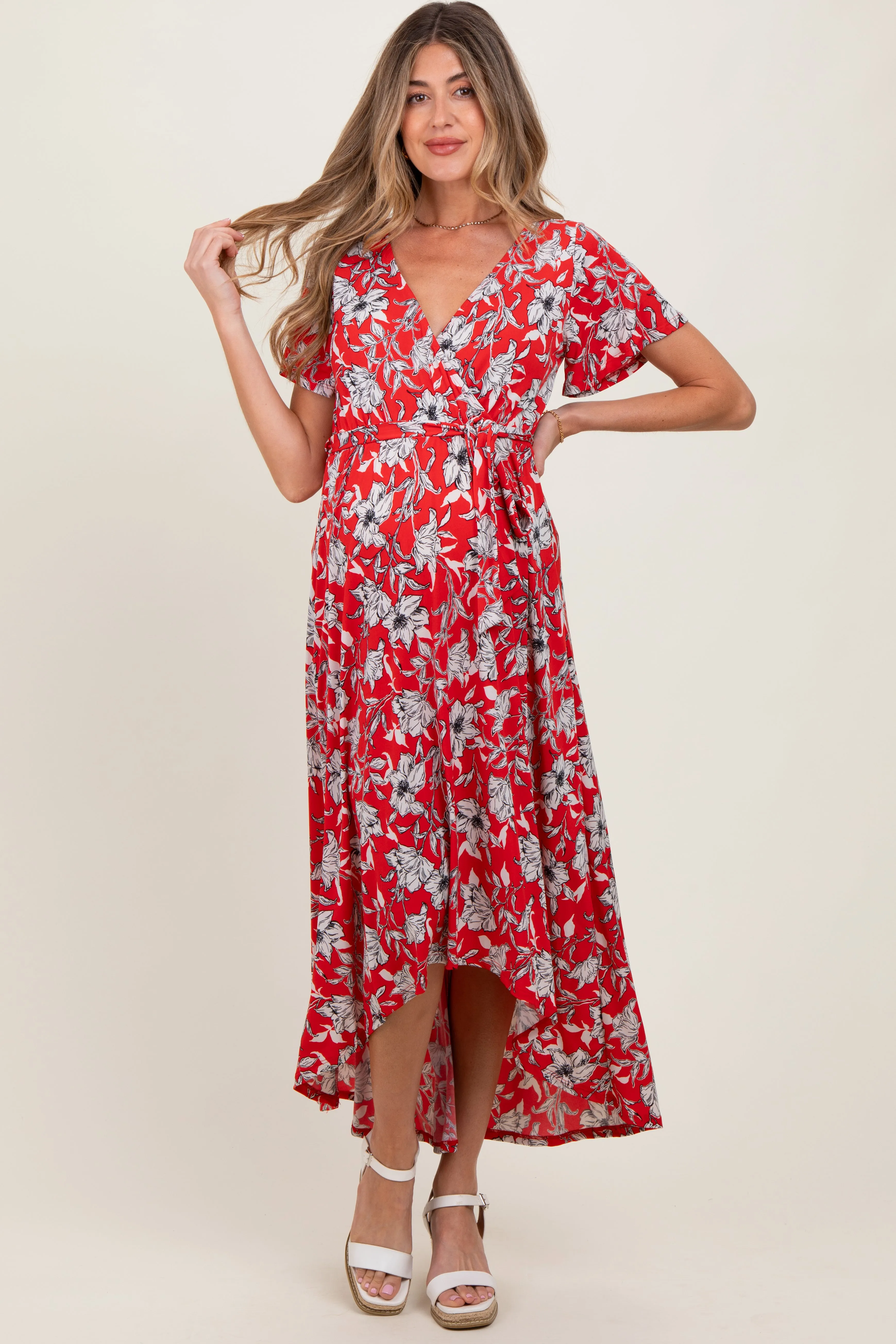 Red Floral Sash Tie Maternity Wrap Hi-Low Dress sold by Pinkblush product image thumbnail 2