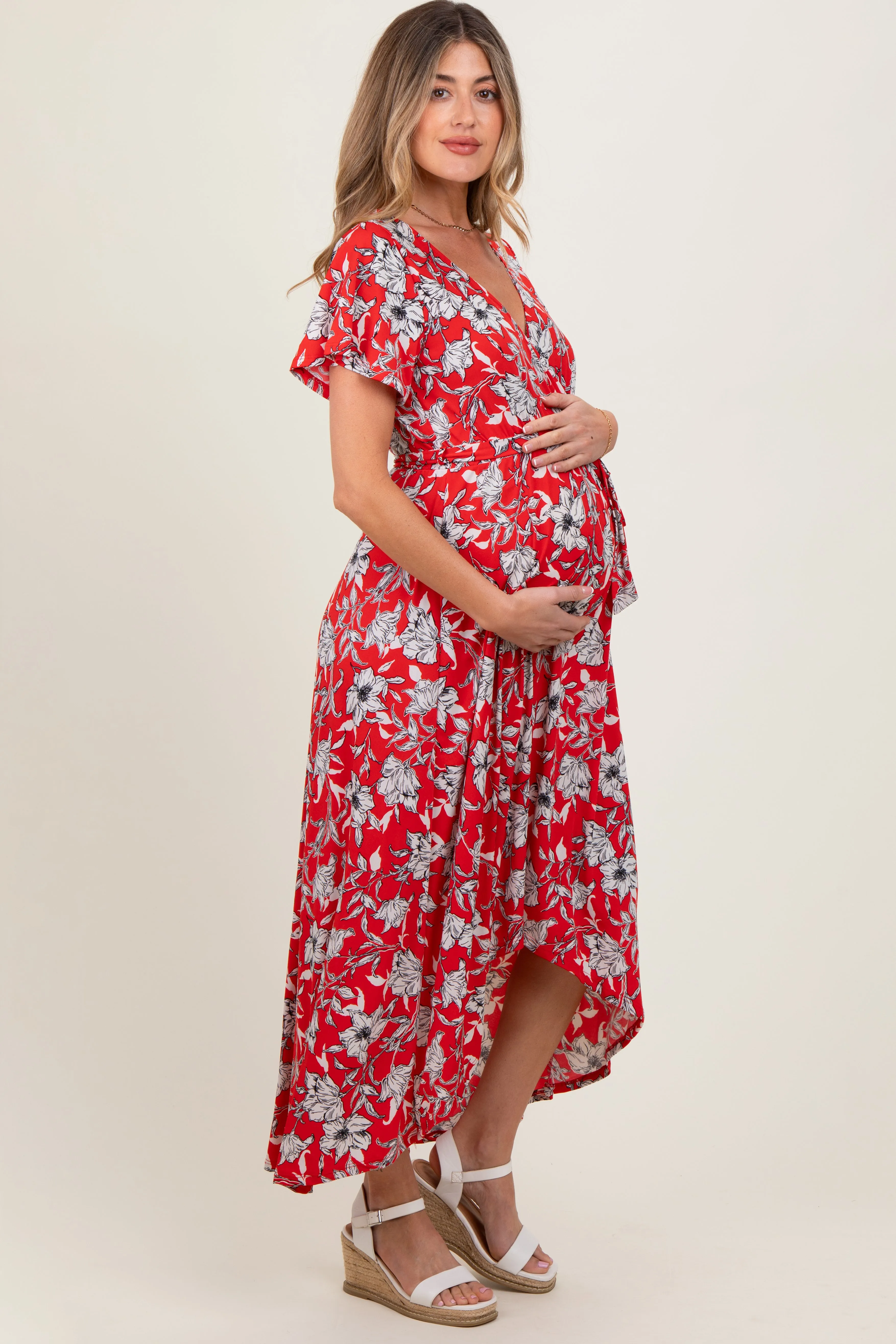 Red Floral Sash Tie Maternity Wrap Hi-Low Dress sold by Pinkblush product image thumbnail 3