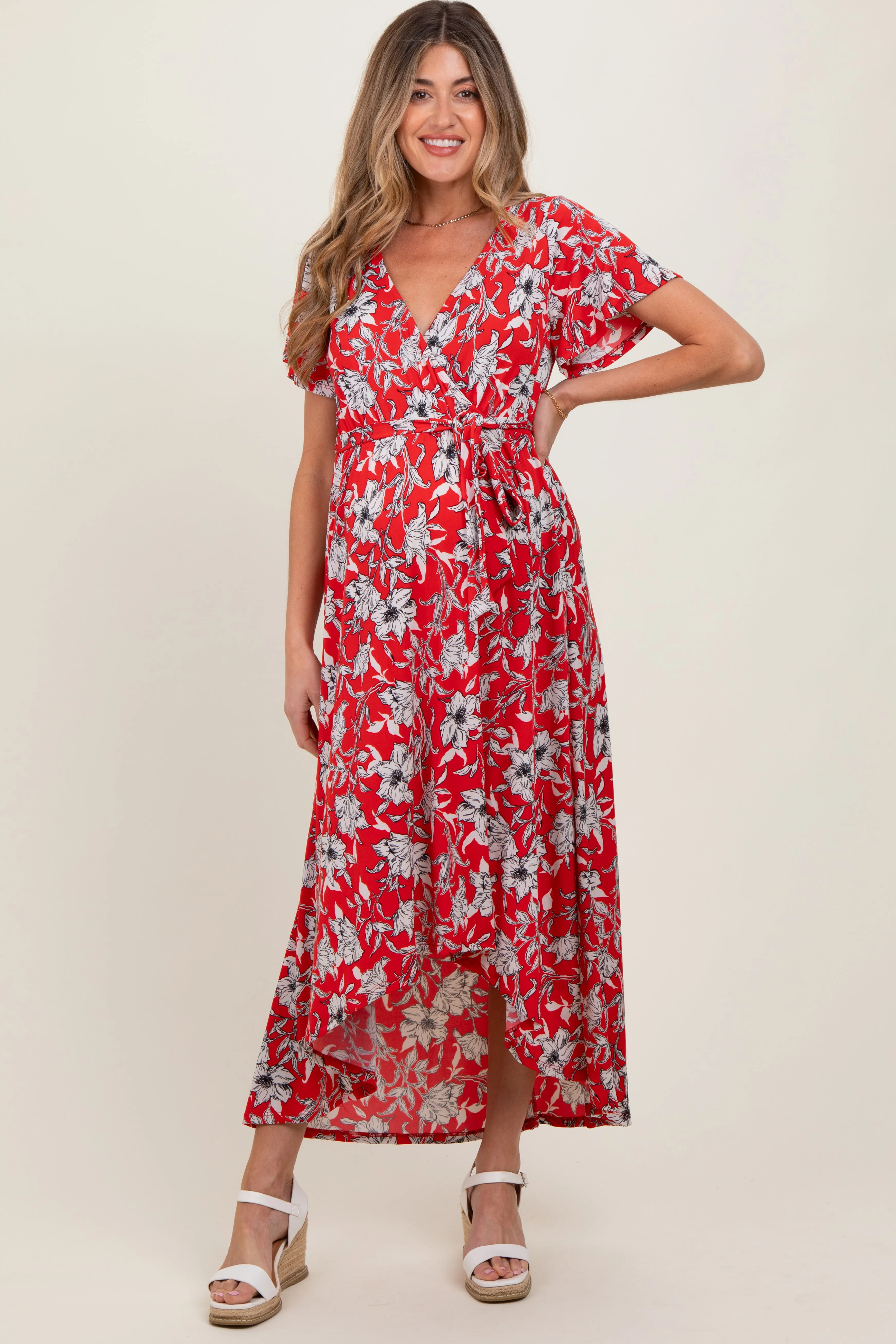 Red Floral Sash Tie Maternity Wrap Hi-Low Dress sold by Pinkblush