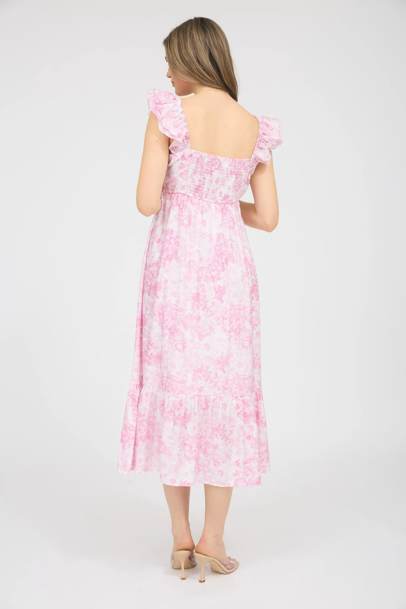 Pink Floral Ruffle Strap Pleated Bodice Midi Dress sold by Pinkblush product image thumbnail 2