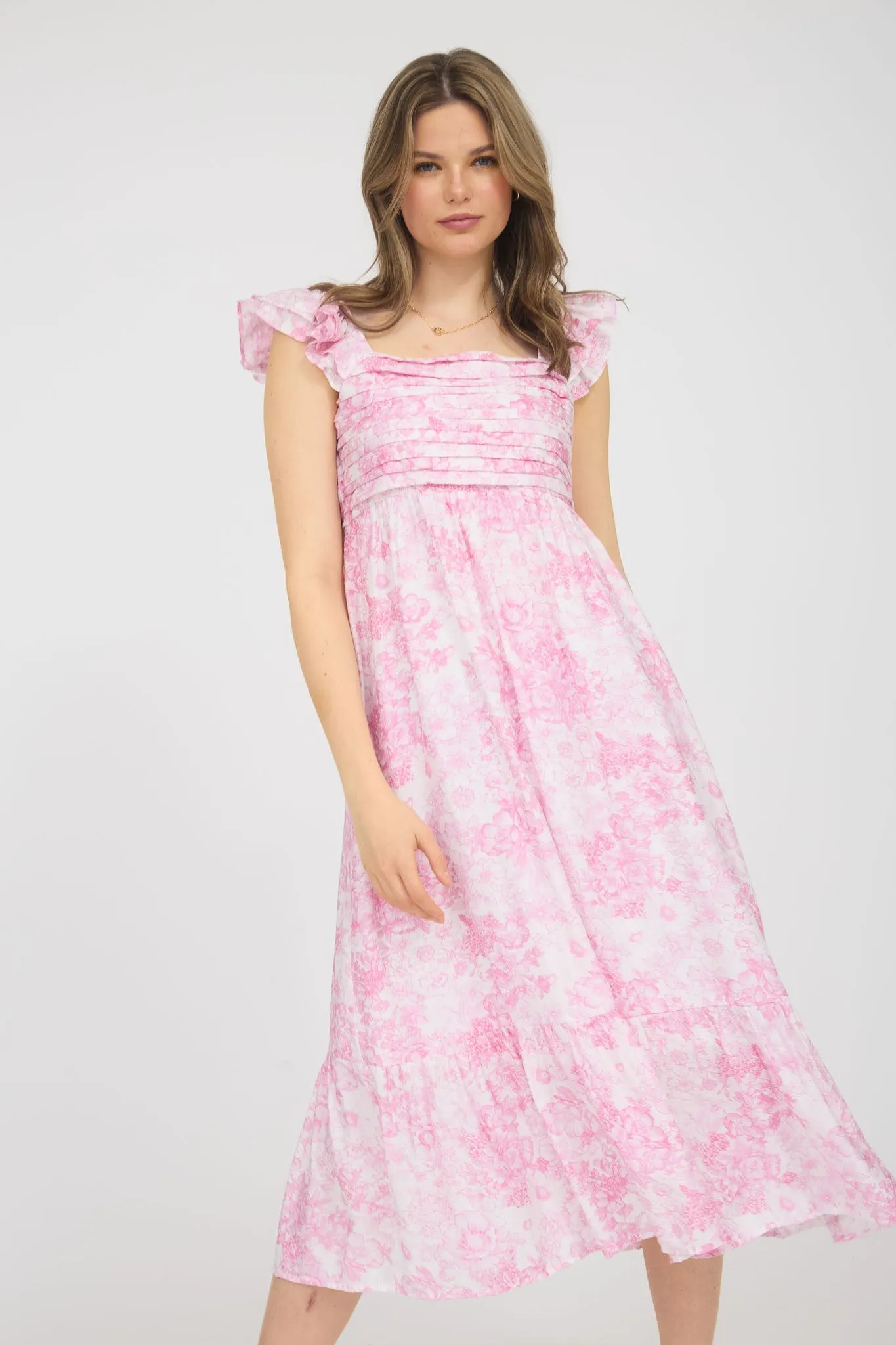 Pink Floral Ruffle Strap Pleated Bodice Midi Dress sold by Pinkblush product image thumbnail 3