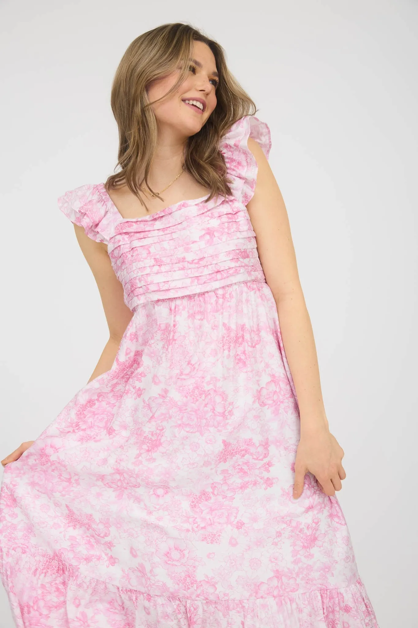 Pink Floral Ruffle Strap Pleated Bodice Midi Dress sold by Pinkblush product image thumbnail 4