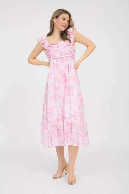 Pink Floral Ruffle Strap Pleated Bodice Midi Dress sold by Pinkblush